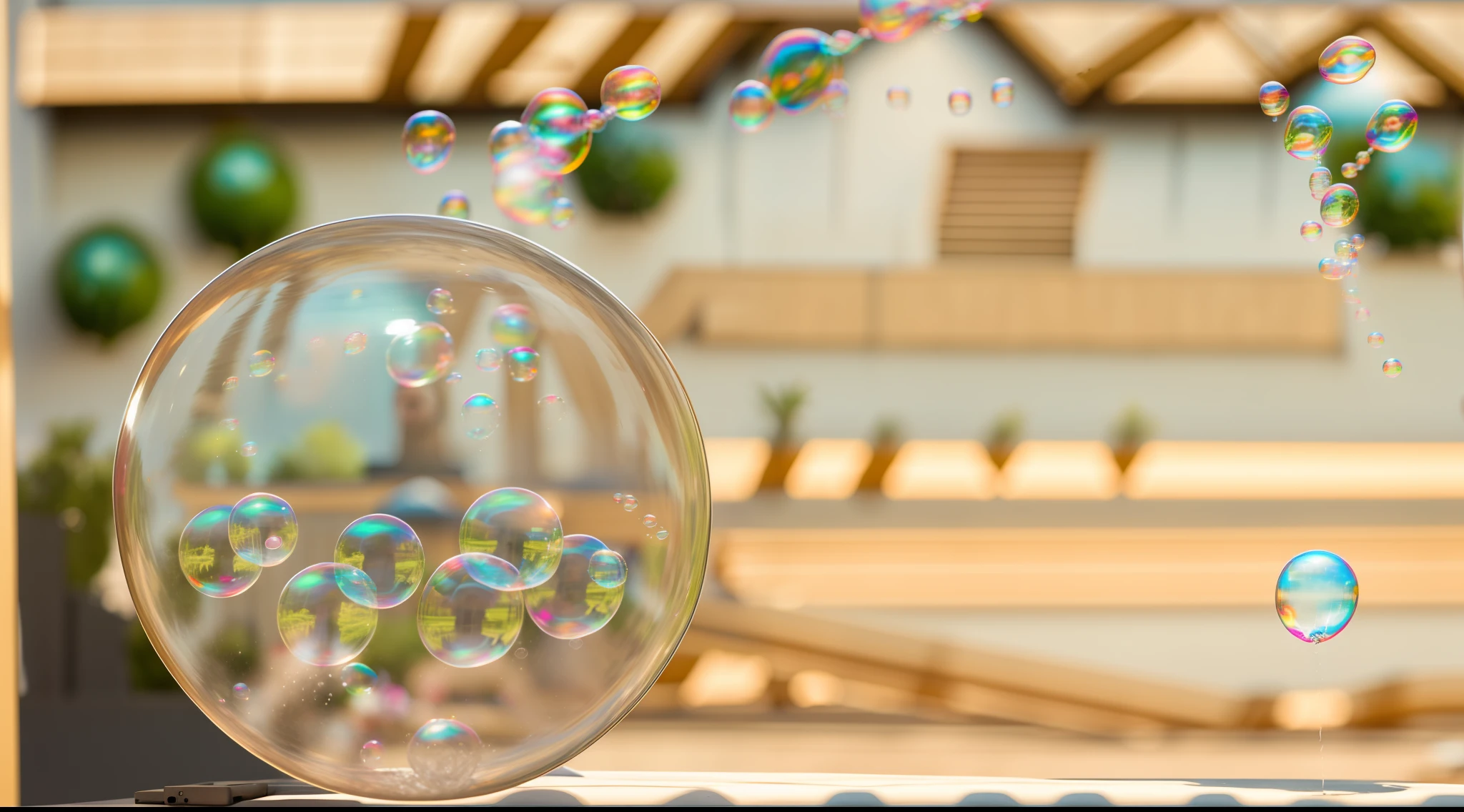 In the daytime,A foreign man ,On land,Take the bubble machine,Bubble machine toys Spit bubbles,The man was happy