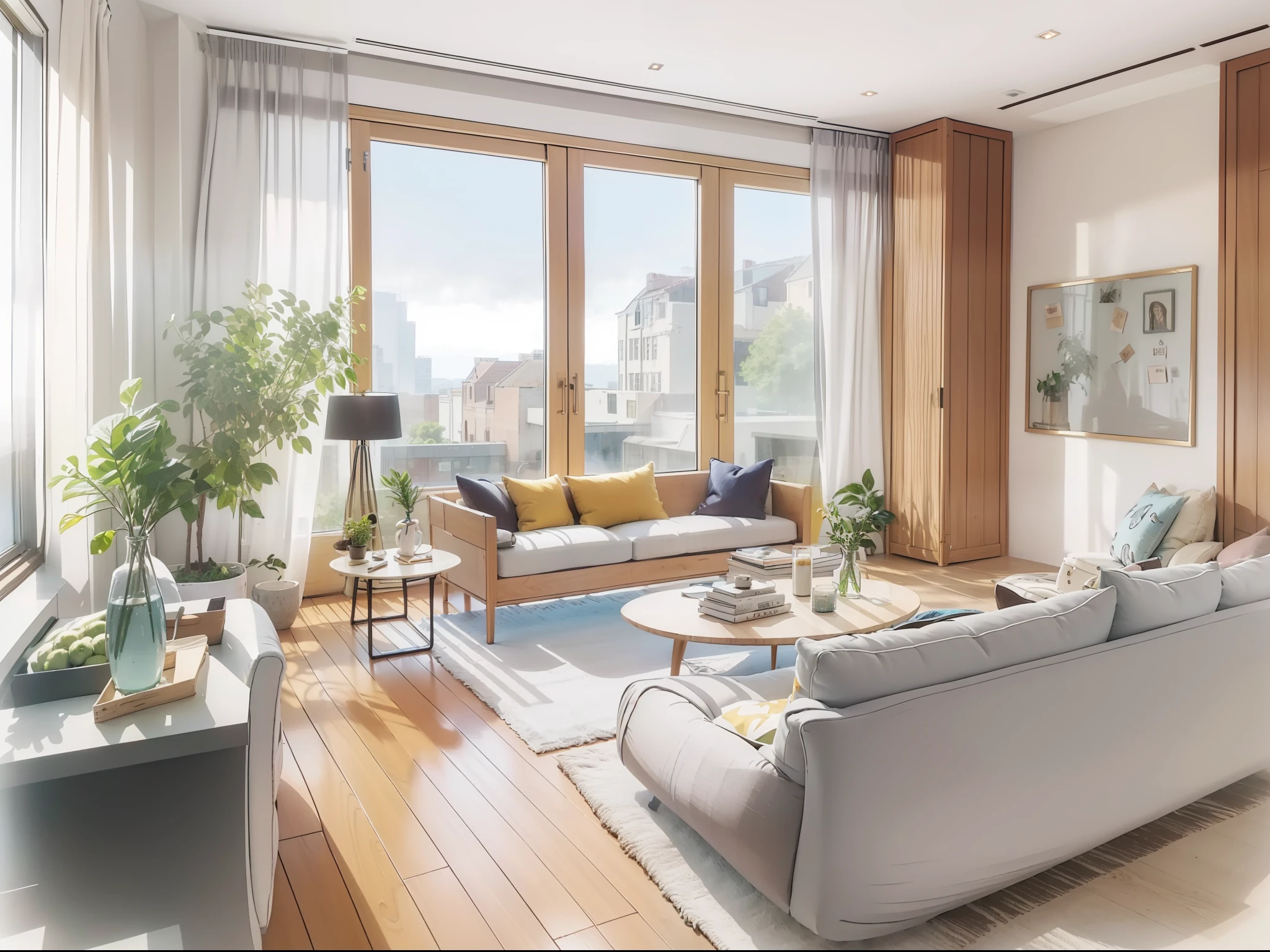 a sketch of a beautiful modern living room, (((foster and partners, artists impression, artistic impression, by Hamish MacDonald, by Carey Morris, by David Brewster, higher detailed illustration, by Helen Berman, an illustration, detailed illustration, by Nick Fudge, by Warren Mahy, artist's impression))), a kitchen cabinet behind the white sofa, with minimal pictures on the wall, linen curtain next to the classroom window, coffee table, modern wood, ceiling with magnetic emissive lighting, white fabric PRB textures, wooden floor PRB texture,
