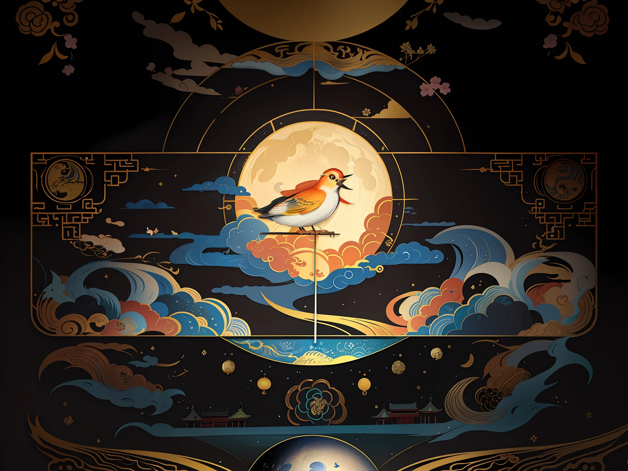 A bird appears on the moon,Moonlight fisheye illustration,Inspired by Luo Mu's beautiful art illustrations,Chinese style painting style,Official artwork inspired by Robin,Onmyoji detailed artistic depiction,The G-willow art style of Linyue,Create an artistic cover for poster background。