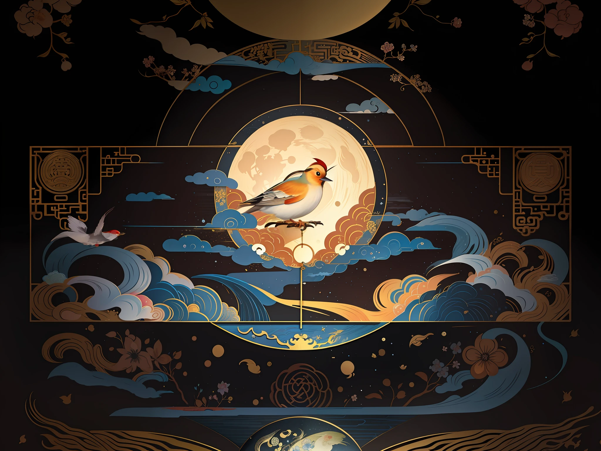 A bird appears on the moon，Moonlight fisheye illustration，Inspired by Luo Mu's beautiful art illustrations，Chinese style painting style，Official artwork inspired by Robin，Onmyoji detailed artistic depiction，The G-willow art style of Linyue，Create an artistic cover for poster background。