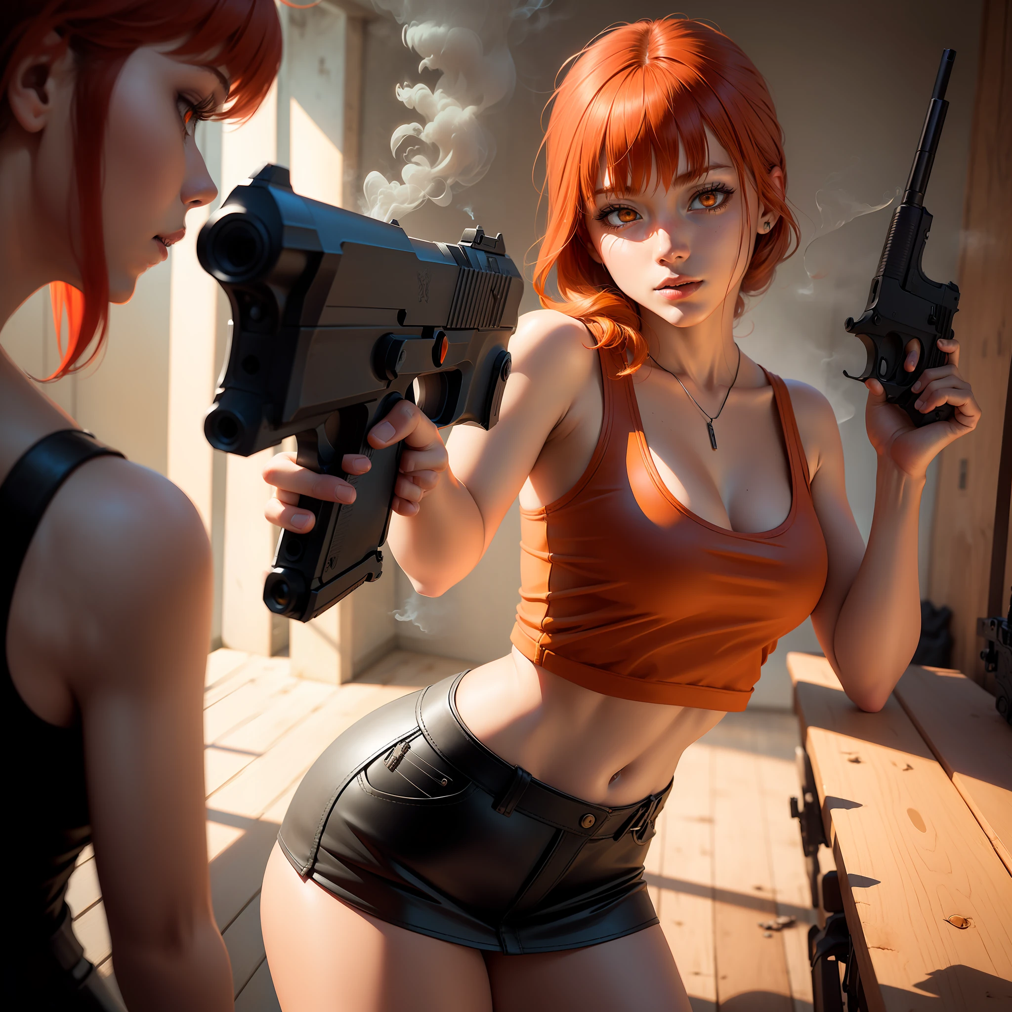 1girl, ((aiming at the viewer with a gun)), red tank top, leather miniskirt, one pistol, ((holding a handgun)), masterpiece, detailed shadows, detailed light, very detailed, best quality, HD, 4K, high quality, cowboy shot, photography, professional lighting, (((decent looking gun))),detailed background, flash, shooting smoke, orange hair, orange eyes