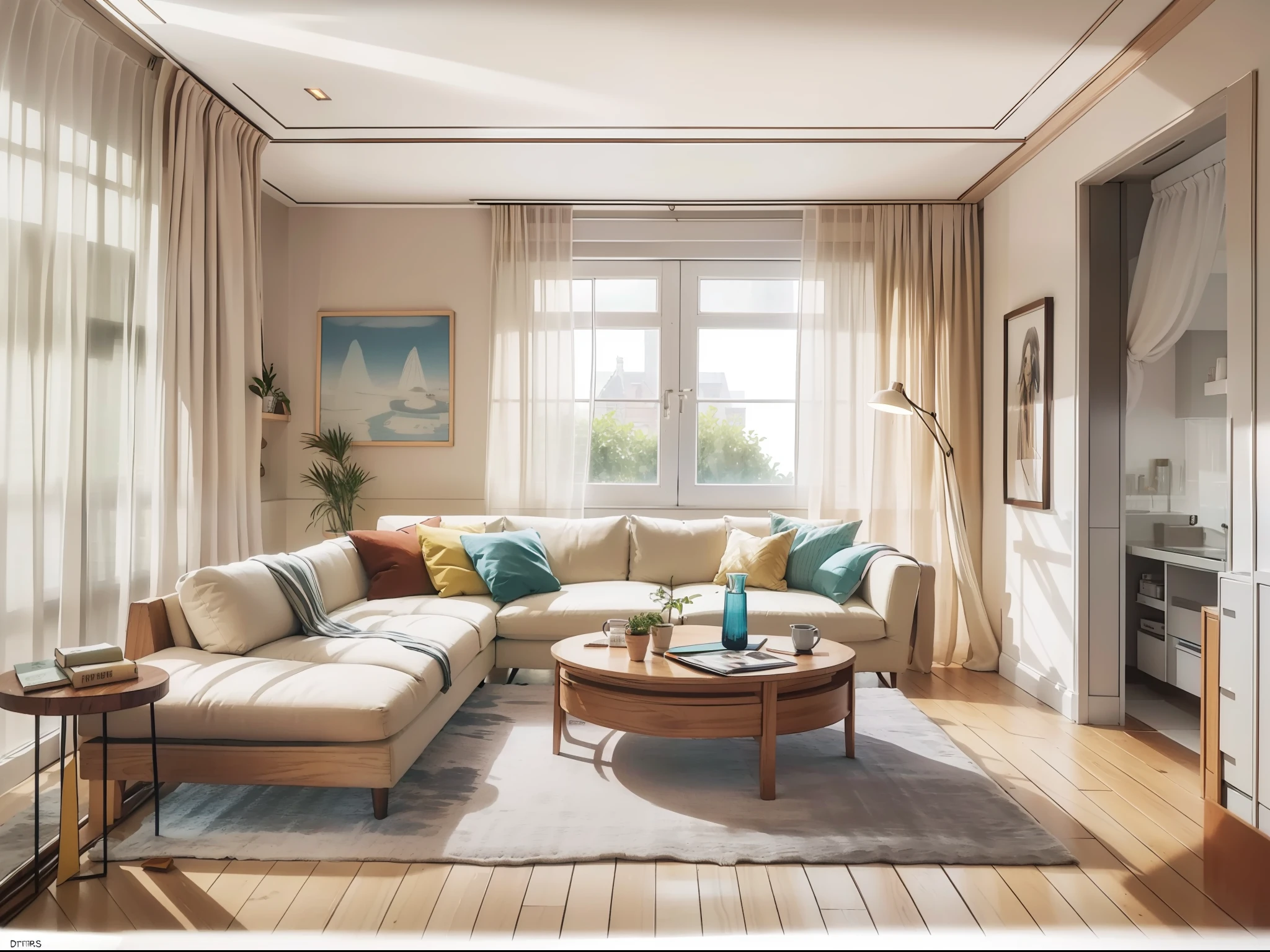 a sketch of a beautiful modern living room, (((foster and partners, artists impression, artistic impression, by Hamish MacDonald, by Carey Morris, by David Brewster, higher detailed illustration, by Helen Berman, an illustration, detailed illustration, by Nick Fudge, by Warren Mahy, artist's impression))), a kitchen cabinet behind the white sofa, with minimal pictures on the wall, linen curtain next to the classroom window, coffee table, modern wood, ceiling with magnetic emissive lighting, white fabric PRB textures, wooden floor PRB texture,