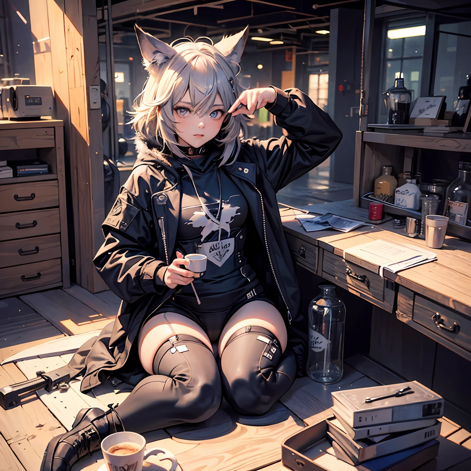 by zackary911, (coffeesoda:1.1), hioshiru, zackary911, wolf, anthro, femboy, solo, tight black hoodie clothing, fur, looking up perspective, perspective from tiny, (he is looking down at the tiny), curvy thighs, huge thighs, blep,leaning over, crouched down, low angle, paws, intimidating --auto