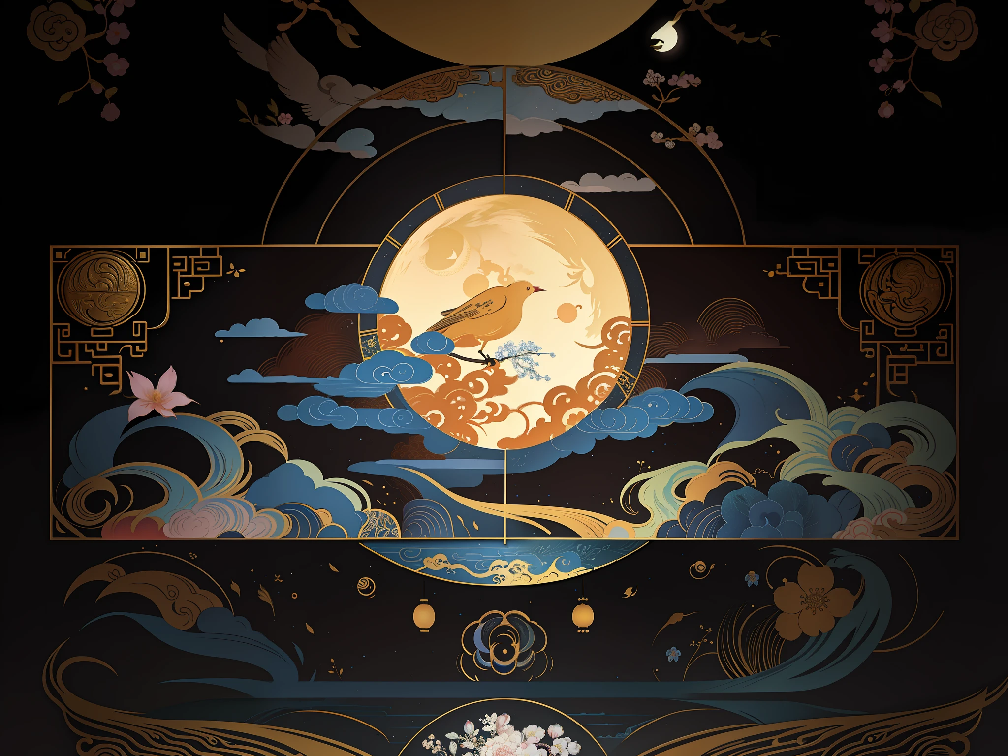 A bird appears on the moon，Moonlight fisheye illustration，Inspired by Luo Mu's beautiful art illustrations，Chinese style painting style，Official artwork inspired by Robin，Onmyoji detailed artistic depiction，The G-willow art style of Linyue，Create an artistic cover for poster background。