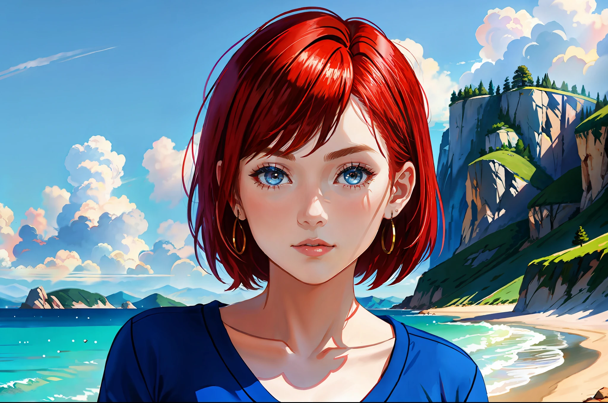 there is a young woman with a short hair and a blue shirt, a redheaded young woman, perfectly centered portrait, 7 0 mm portrait, red haired young woman, 4 k asymmetrical portrait, head centered portrait, landscape