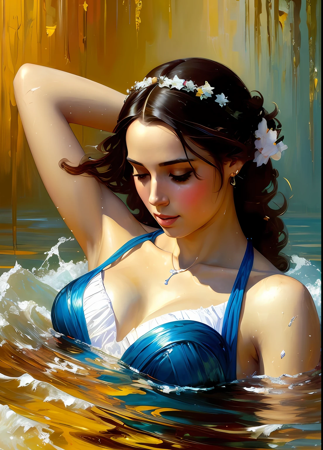 masterpiece, best quality, greek godess bathing in a lake below a night sky full of stars, appearing from colorful liquid oil paint, swirling paint, cinematic lighting, by karol bak, full body posing, angelababy, ((painting, canvas, fine art)), detailed, (fantasy art), cool, ((digital art)), (digital illustration), 4k, trending on artstation, trending on cgsociety, cinematic, agfacolor, low coloration, Norman Rockwell, Franz Xaver Winterhalter, Jeremy Mann, Artgerm, Ilya Kuvshinov, Anges Cecile, Michael Garmash