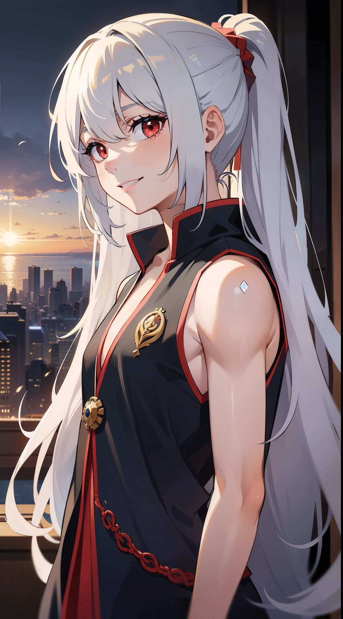 Young guy, Long white hair, high ponytail, red eyes, Blue sleeveless kimono, ssmile, Masterpiece, hiquality