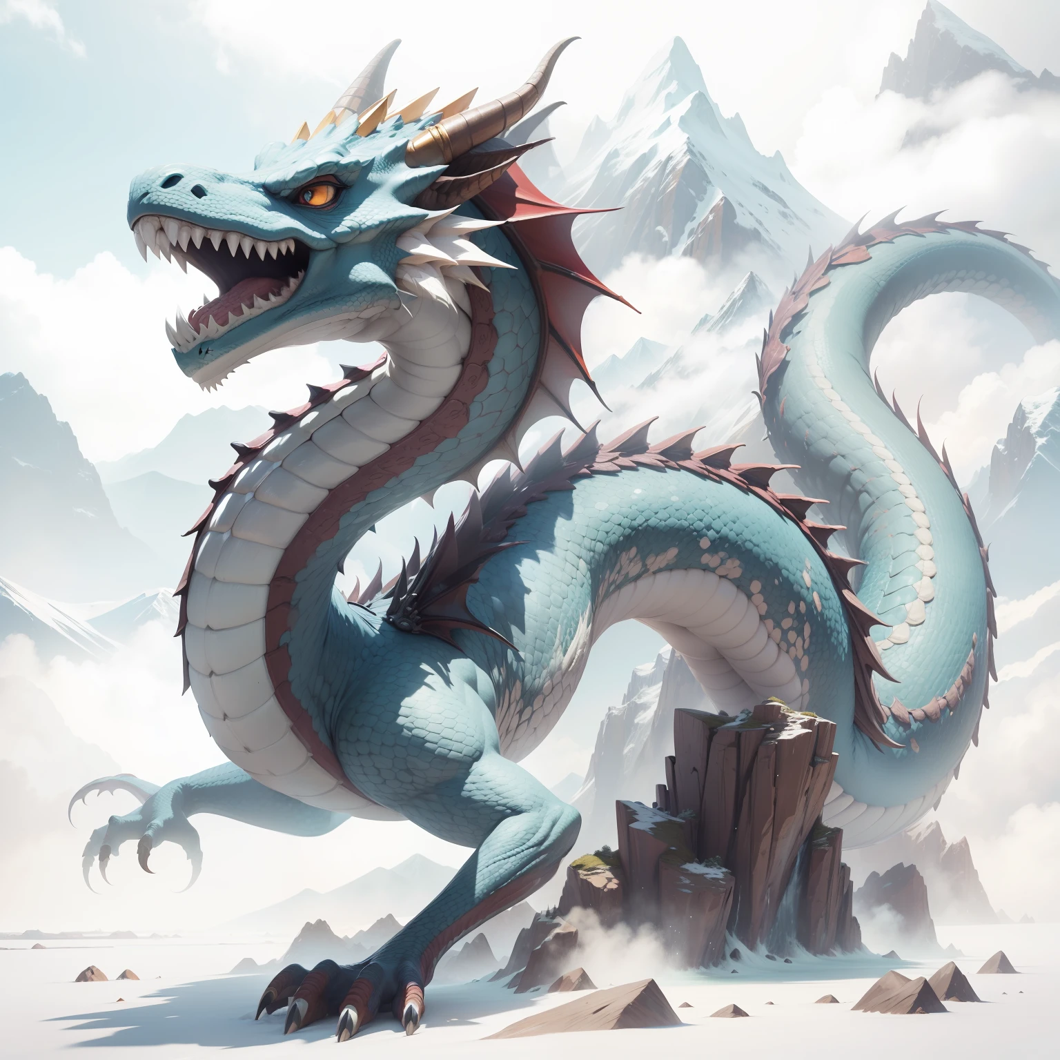 A dragon, colorful, mountain peaks, waterfalls, white clouds, masterpiece,best quality,extremely detailed,fine details,official art,unity 8k wallpaper,4K,8K,UHD, highly detailed,blurry,blurry_background, blurry_foreground,depth_of_field,motion_blur,(realistic,photo-realistic:1),extremely detailed, filmg, --auto