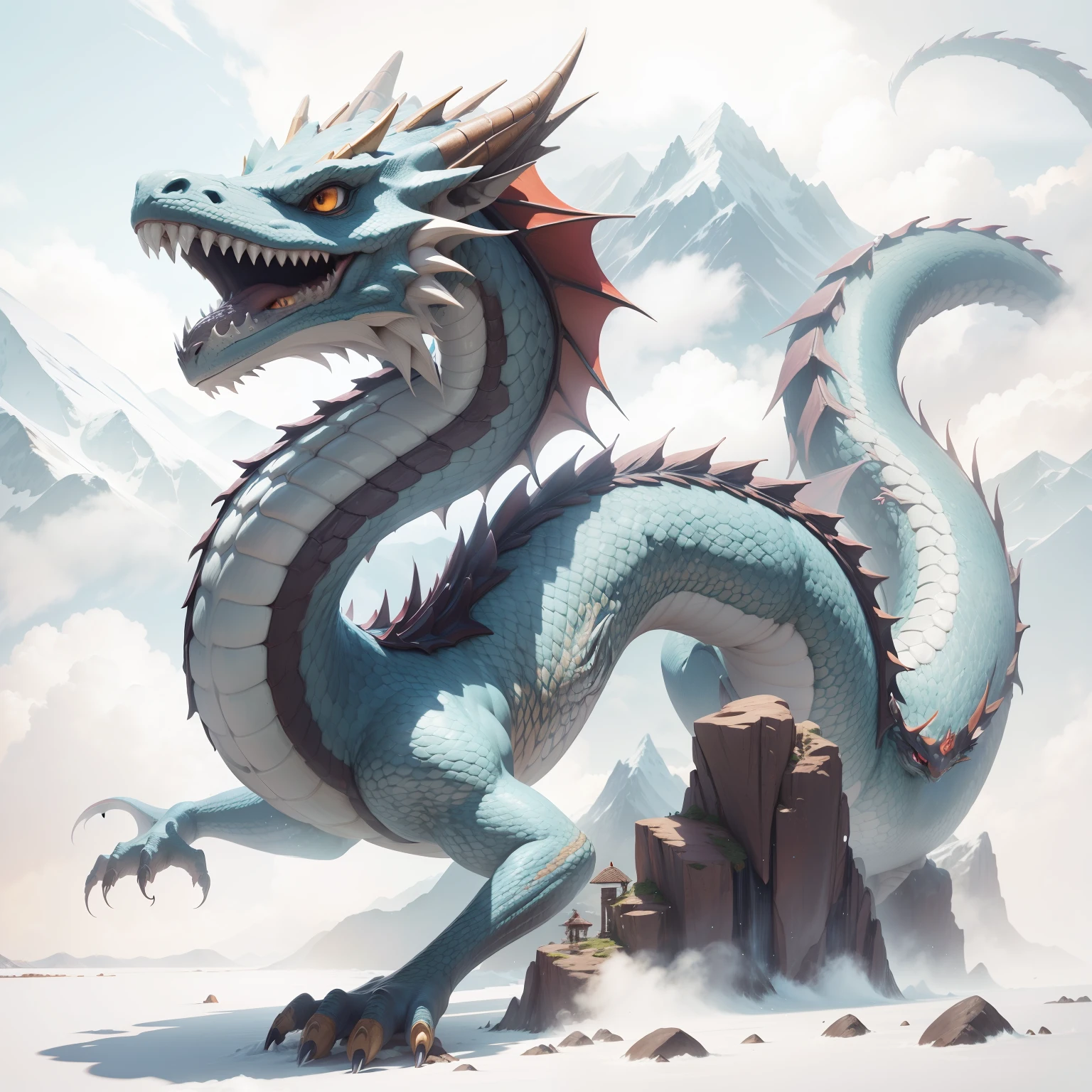A dragon, colorful, mountain peaks, waterfalls, white clouds, masterpiece,best quality,extremely detailed,fine details,official art,unity 8k wallpaper,4K,8K,UHD, highly detailed,blurry,blurry_background, blurry_foreground,depth_of_field,motion_blur,(realistic,photo-realistic:1),extremely detailed, filmg, --auto