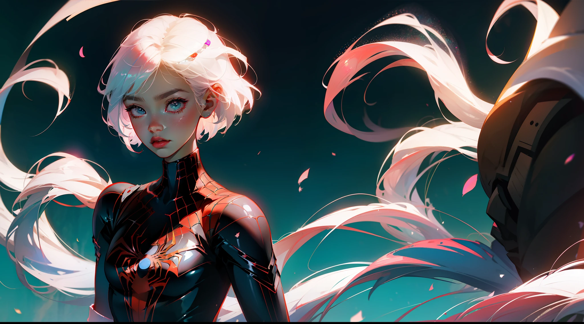 Anime character short hair girl black background wearing Spider-Man clothes cold white skin pink hair --auto