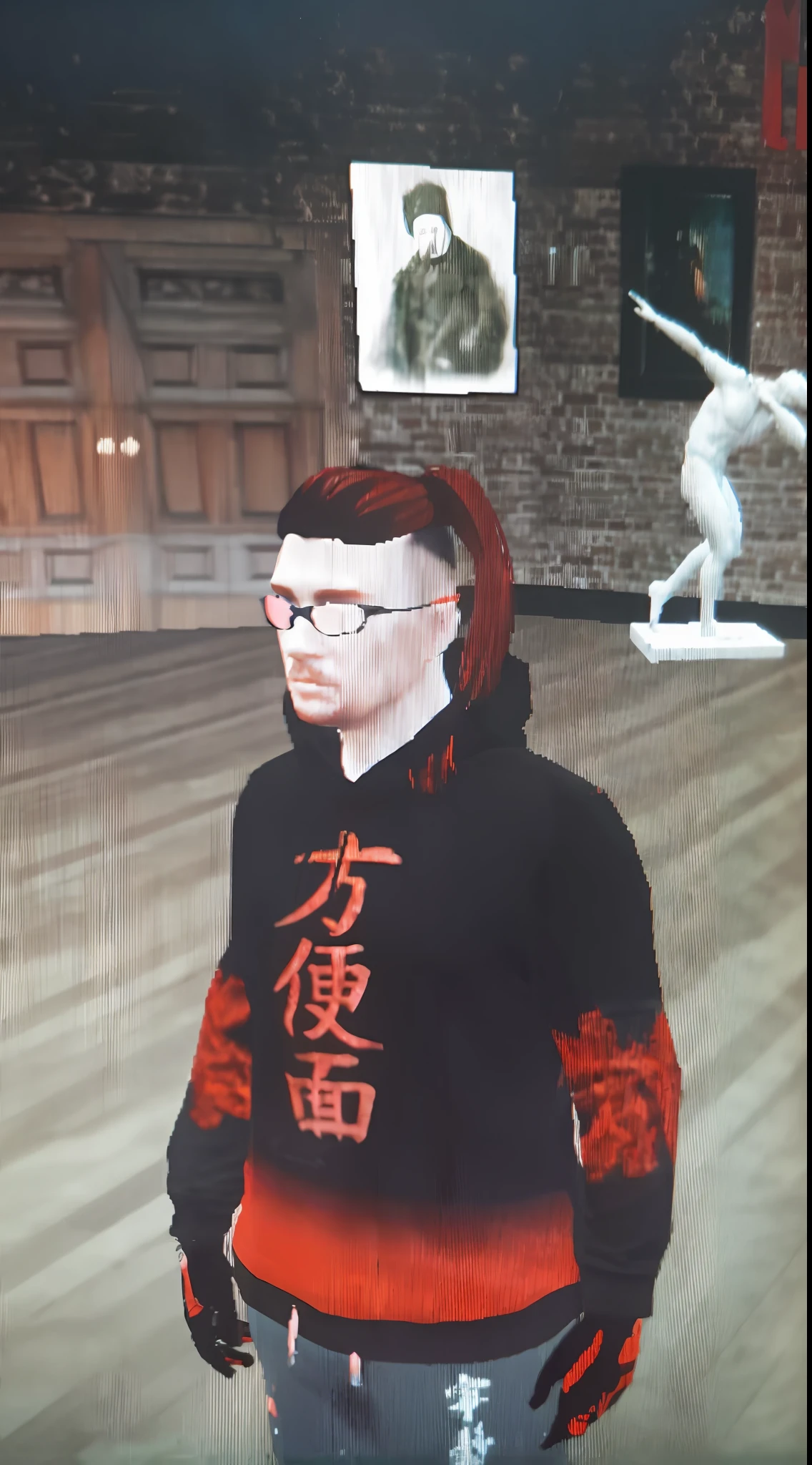 There is a man with glasses standing in a room with a statue, cabelo punk detalhado, inspirado em Zhu Da, como um personagem de gtav, inspirado em Gang Hui-an, inspirado em Awataguchi Takamitsu, inspirado em Iwao Takamoto, inspirado em Hong Ren, GTA Chinatowon estilo de arte, como personagem em tekken