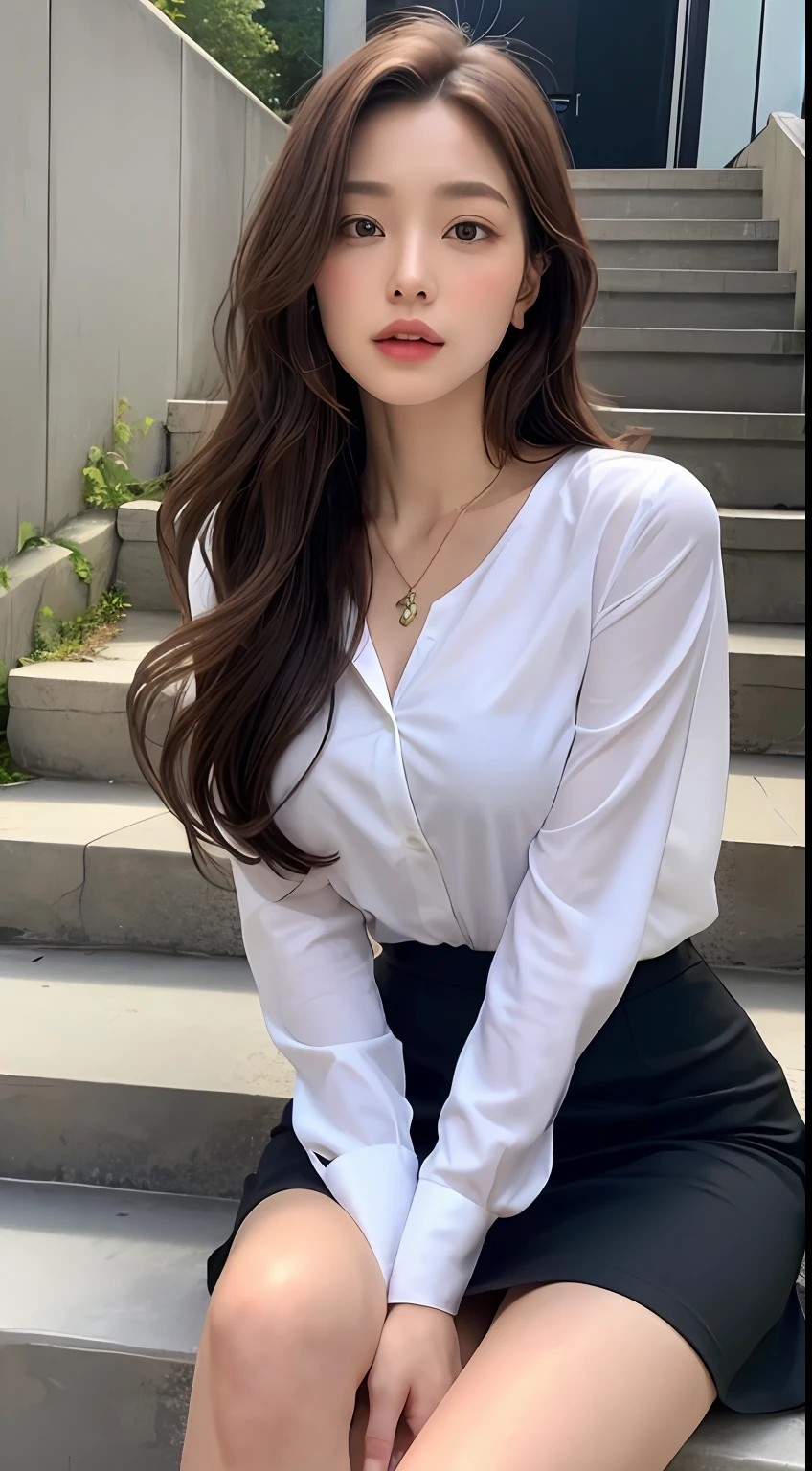 full bodyesbian，Sitting on the steps，（best qualtiy，A high resolution，tmasterpiece：1.3），A tall and beautiful woman，Slender abs，Dark brown hair in loose wavy styling，nedium breasts，Wear a pendant，white button-down blouse，obi strip，a black skirt，（Modern architecture in background），Beautifully rendered details in face and skin textures，Detailed eyes，二重まぶた