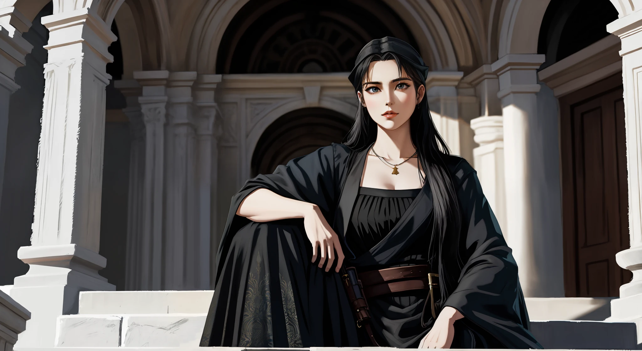 Realistic and high quality epic art,mtu,Sparse beard,black toga,mages,full bodyesbian,Western European architecture,arma,high-necked