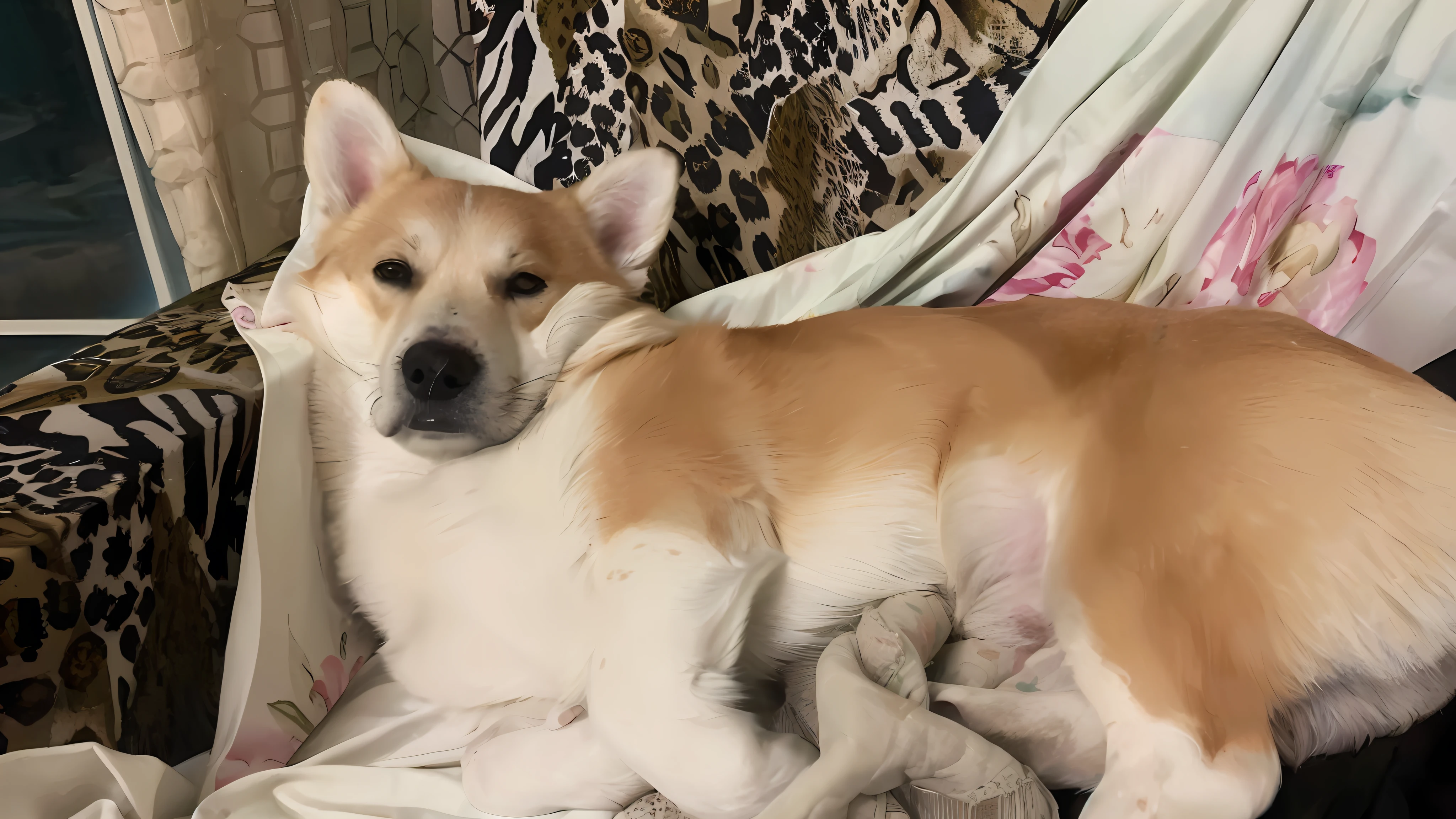 There was a dog lying on the sofa, she's lying on her back, shibu inu, she is about 1 , Shiba dog, sitting on her bed, r/awww, she is about 2 0 years old, she is about 20 years old, she has beautiful bone structure, She has a cute face