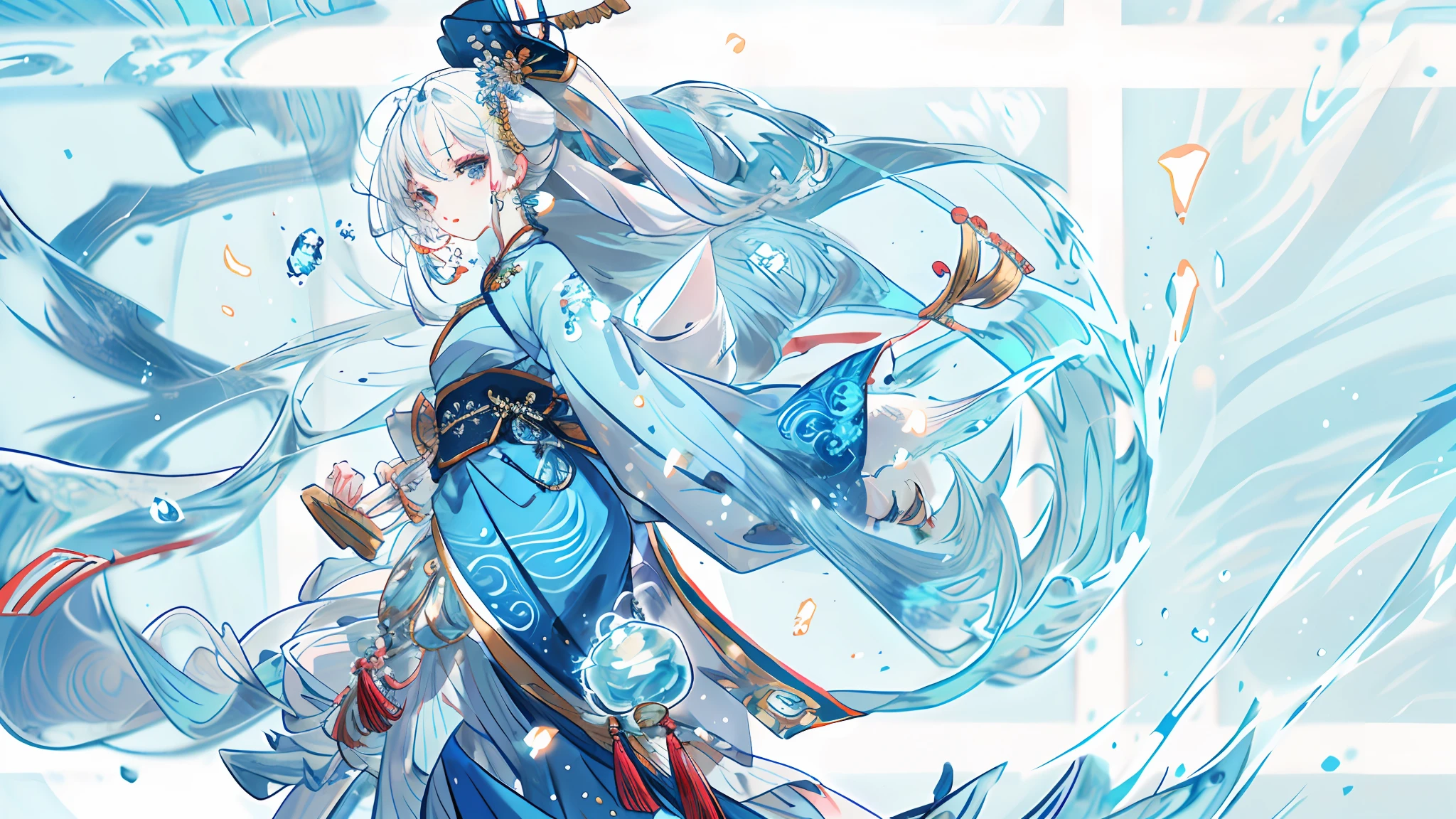 Exquisite facial features,Nice face,best qualtiy,tmasterpiece,ultra - detailed,swell sea,Buble,water flowing,one-girl,White color hair,blue skirts, Ancient Chinese clothing,National style background, 超高分辨率, 1girll, adolable,Raised sexy,Exposed flesh,seductiv, boobs exposed, , childish looks, Kawaii face, Detailed skins,, Chinese ancient style, full bodyesbian, Slim,