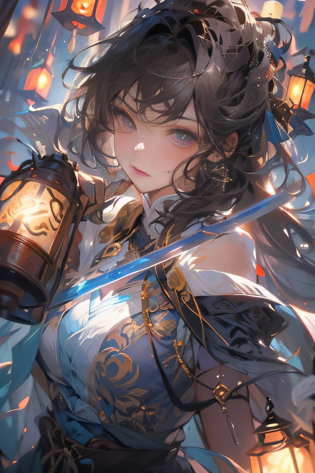 masterpiece,best quality,high resolution,1girl,sword,glowing,lantern,fighting,