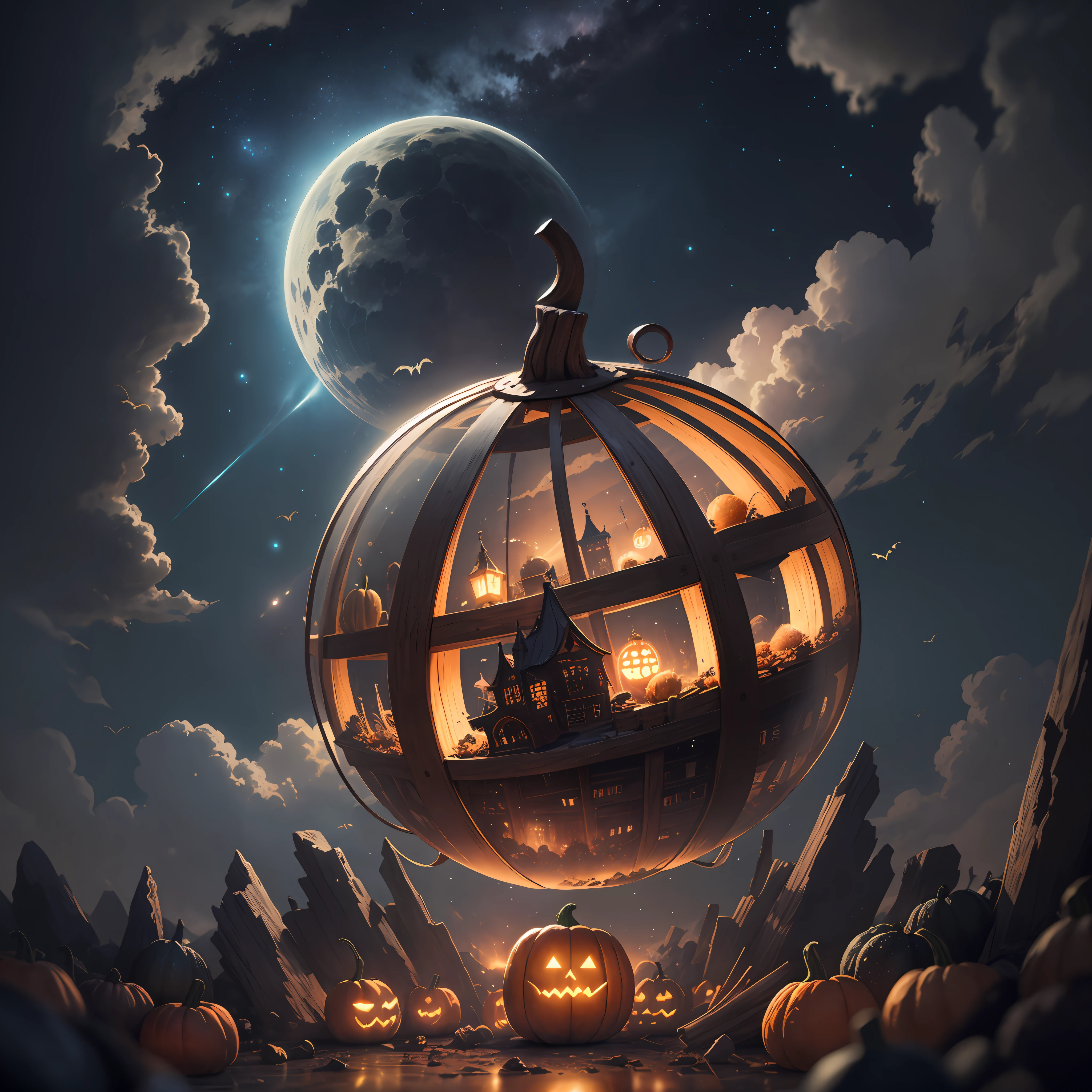neo-classical, conceptual art, Ray tracing, Sparkle, Ultra-wide angle, kanon, f/4.0, hyper HD, 巨作, Best quality, A high resolution, Award-Awarded, 16k,Alchemy,steampunc,pumpkins,the bats,Flying broom,dreamy sky,
