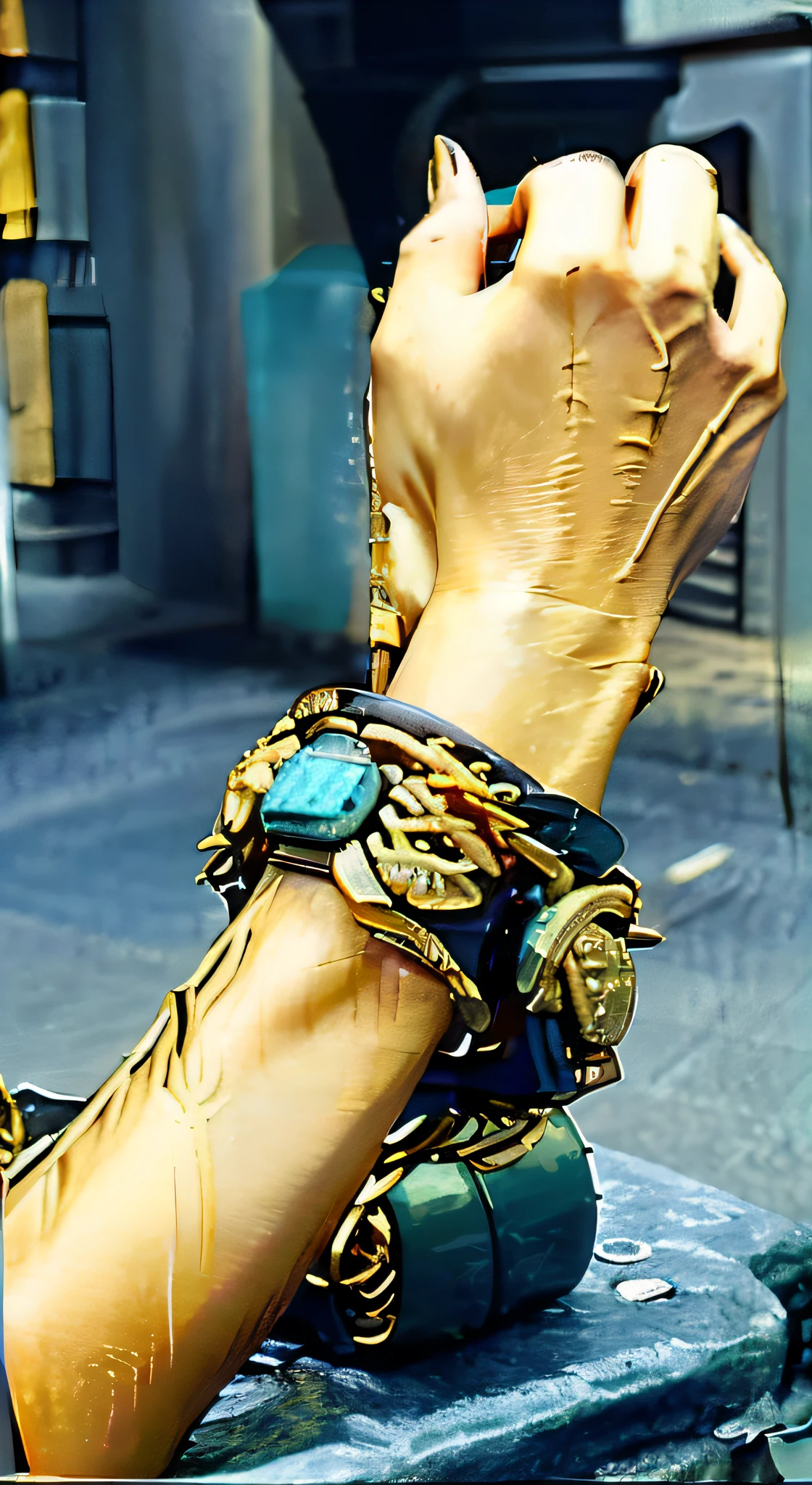 There is a statue of a man holding a mobile phone, Ultra detail. Digital painting, cybernetic limb, author:Alexander Kosis, gloves and jewelry. Exercise, closeup of arms, turquoise gold details, Wearing metal gloves, golden turquoise steampunk, in style of digital painting, Cyberpunk Style , Hyperrealistic, Broken gold shackles, digital painted
