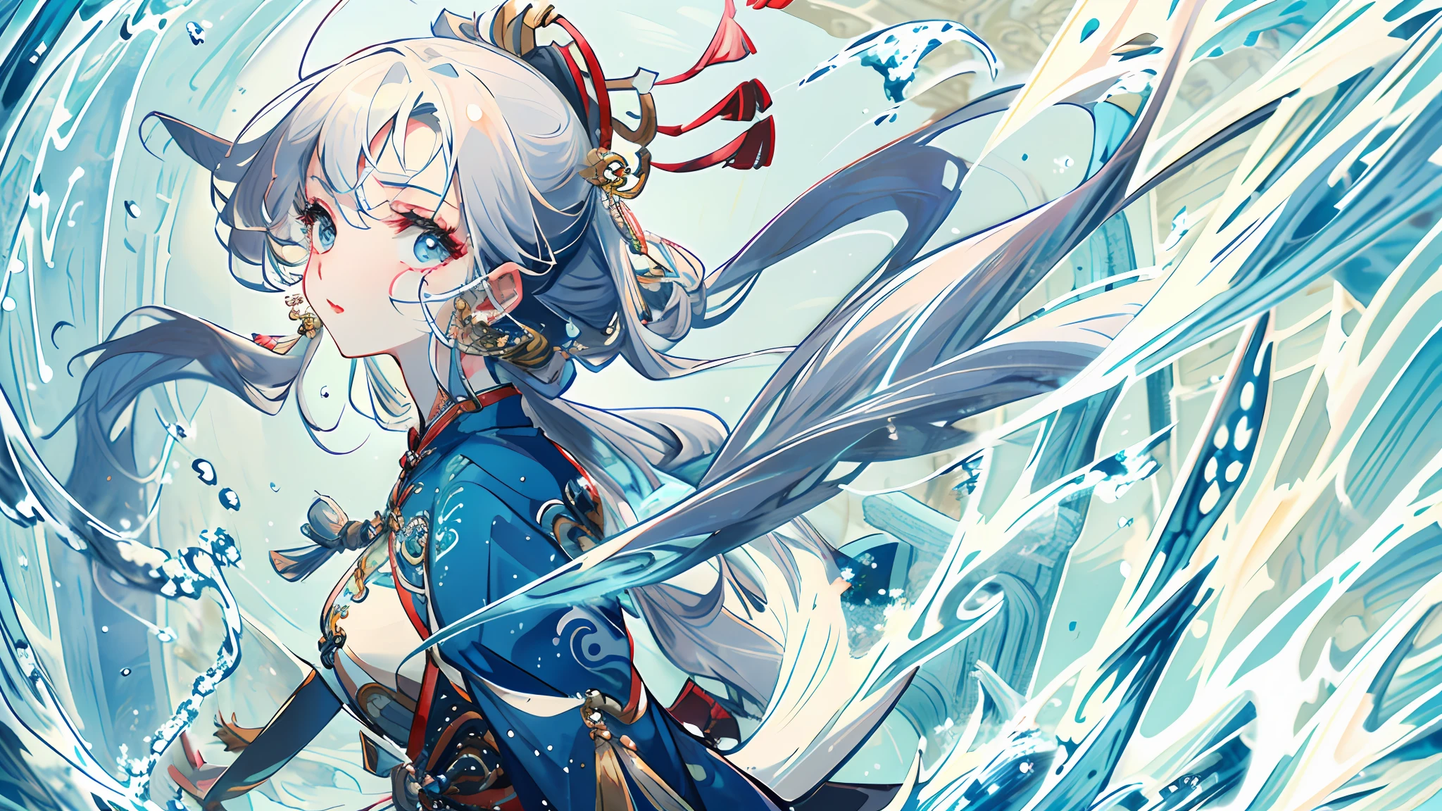Exquisite facial features,Nice face,best qualtiy,tmasterpiece,ultra - detailed,swell sea,Buble,water flowing,one-girl,White color hair,blue skirts, Ancient Chinese clothing,National style background, 超高分辨率, 1girll, adolable,Raised y,Exposed flesh,seductiv, booposed, childishs, Kawaii face, Detailed skins,, Chinese ancient style, full bodyesbian, Slim,