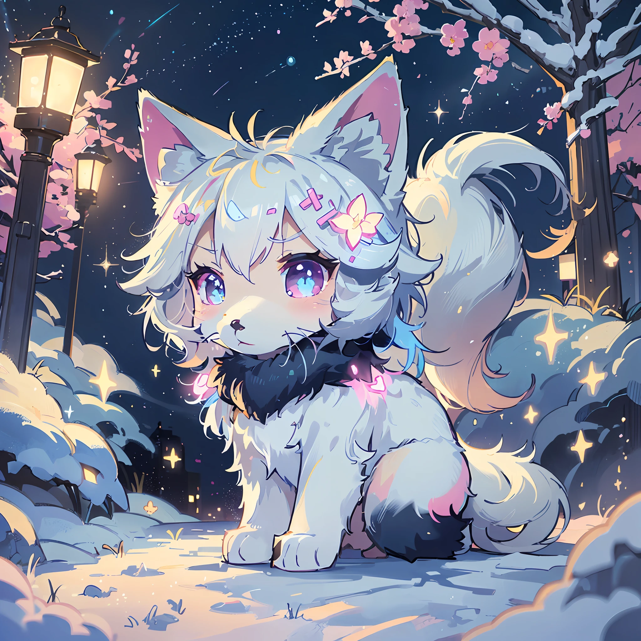 (award winning 8k official art:1.3) of (chibi and arctic fox:1.3), kawaiitech, kawaii, cute colors, beautiful fingers, night, winter, extremely detailed background, sweet, front, epic, (masterpiece:1.4), (best quality:1.4), Amazing, beautiful, finely detailed, (Depth of field:1.1), extremely detailed 8k, stunning, (light reflections:0.5), (crisp:1.3), red twin tails, vibrant, (edge detection:1.2), absurdres, impressive, 120mm, clear