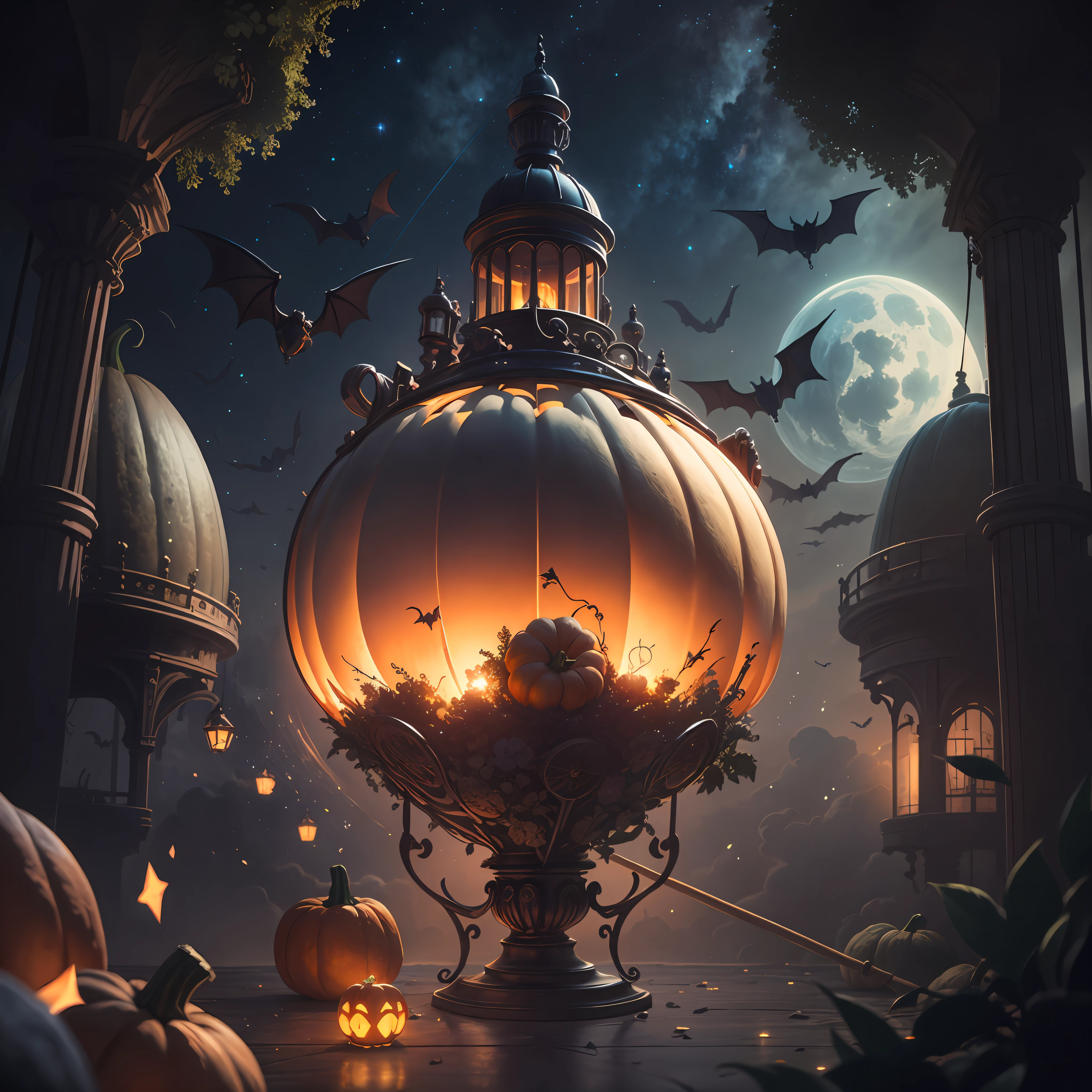 neo-classical, conceptual art, Ray tracing, Sparkle, Ultra-wide angle, kanon, f/4.0, hyper HD, 巨作, Best quality, A high resolution, Award-Awarded, 16k,Alchemy,steampunc,pumpkins,the bats,Flying broom,dreamy sky,
