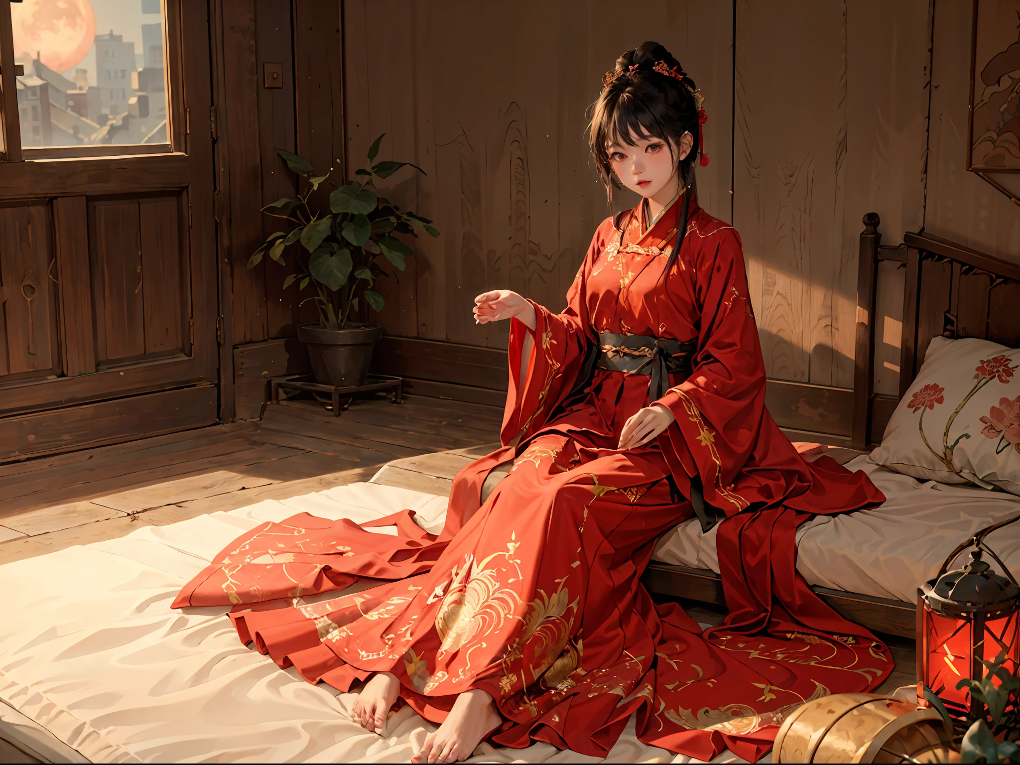 absurdres, ultra detailed, (1girl:1.3), hand drawn, simple line, ar girl in red color Chinese Hanfu, on bed, barefoot, indoor, moon light, night time, nose blush, pov, highres, masterpiece