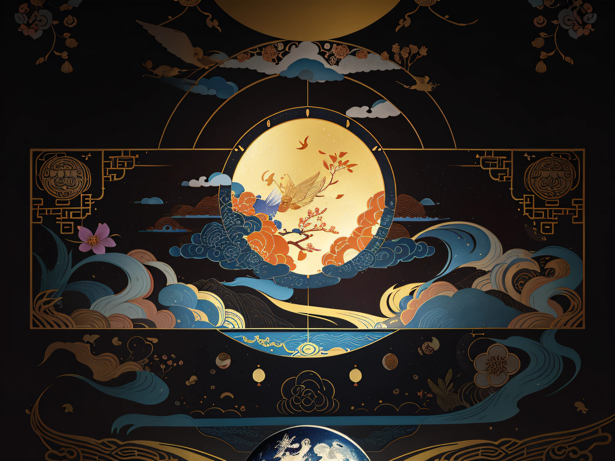 A bird appears on the moon,Moonlight fisheye illustration,Inspired by Luo Mu's beautiful art illustrations,Chinese style painting style,Official artwork inspired by Robin,Onmyoji detailed artistic depiction,The G-willow art style of Linyue,Create an artistic cover for poster background。