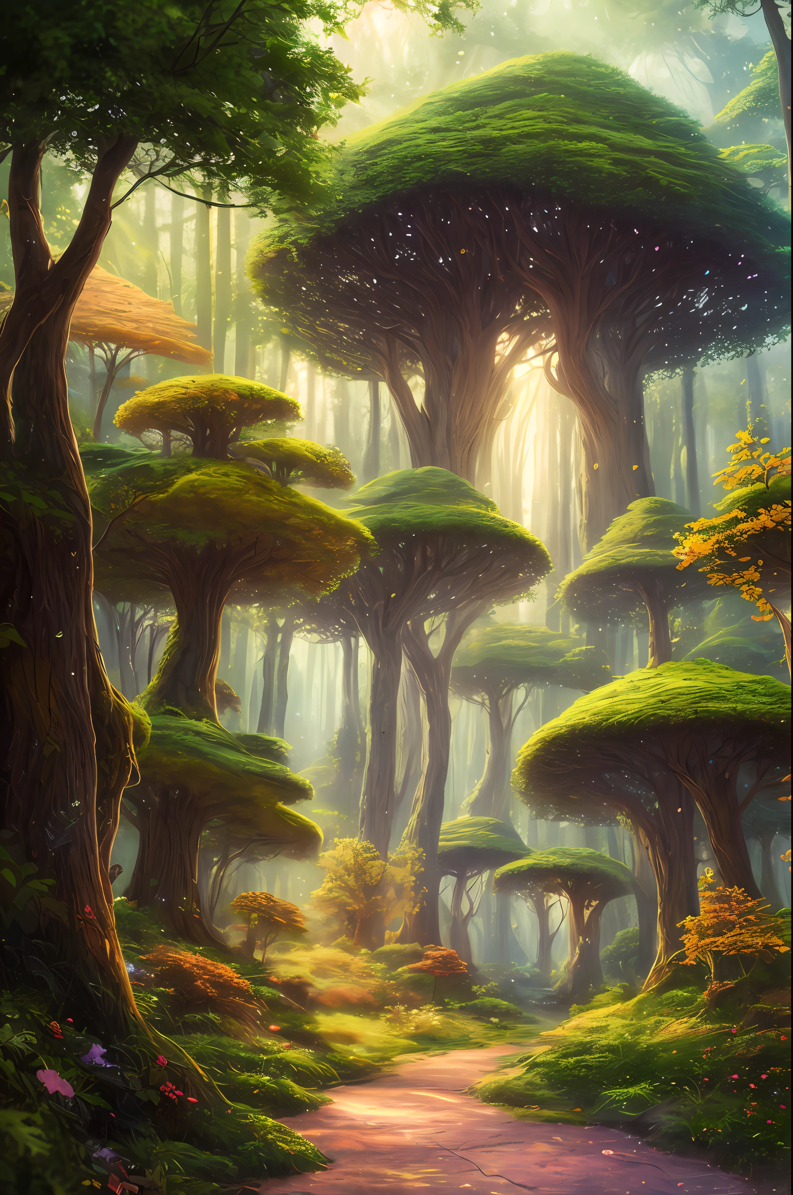 masterpiece, best quality, high quality,extremely detailed CG unity 8k wallpaper, An enchanting and dreamy scene of a fantasy forest, with towering trees, glowing mushrooms, and hidden fairy glens, creating a sense of mystique and enchantment, artstation, digital illustration, intricate, trending, pastel colors, oil paiting, award winning photography, Bokeh, Depth of Field, HDR, bloom, Chromatic Aberration ,Photorealistic,extremely detailed, trending on artstation, trending on CGsociety, Intricate, High Detail, dramatic, art by midjourney