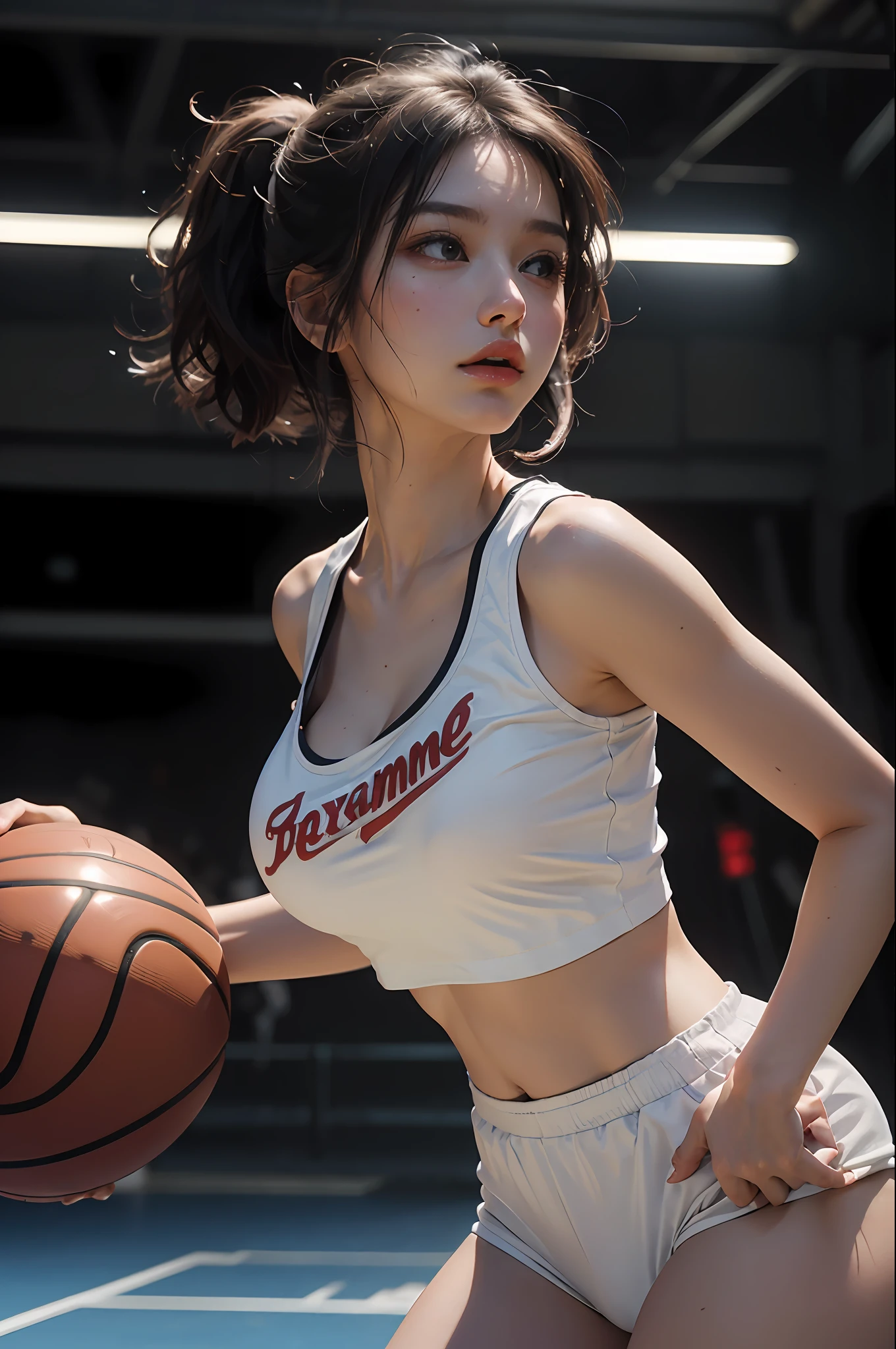 (RAW photo, 4k, masterpiece, high resolution, extremely complex) (realistic: 1.4), cinematic lighting Delicate girl with facial features
1 Girl, Single Focus, Summer Noon, Hot, 1990s\(Style\), Skin White, (Big Breast, Cleavage), (Best Quality), (Highres), (An Extremely Delicate and Beautiful),,(Beautiful 8k face),(Brown Eyes),(ulzzang-6500:1.0),(solo),( looking side),(spectators),(large breasts),(NBA),bent over,,lookside,(side), ,(Basketball sportswear),((Play basketball)),((gymnasium)),((speed)),(reality),