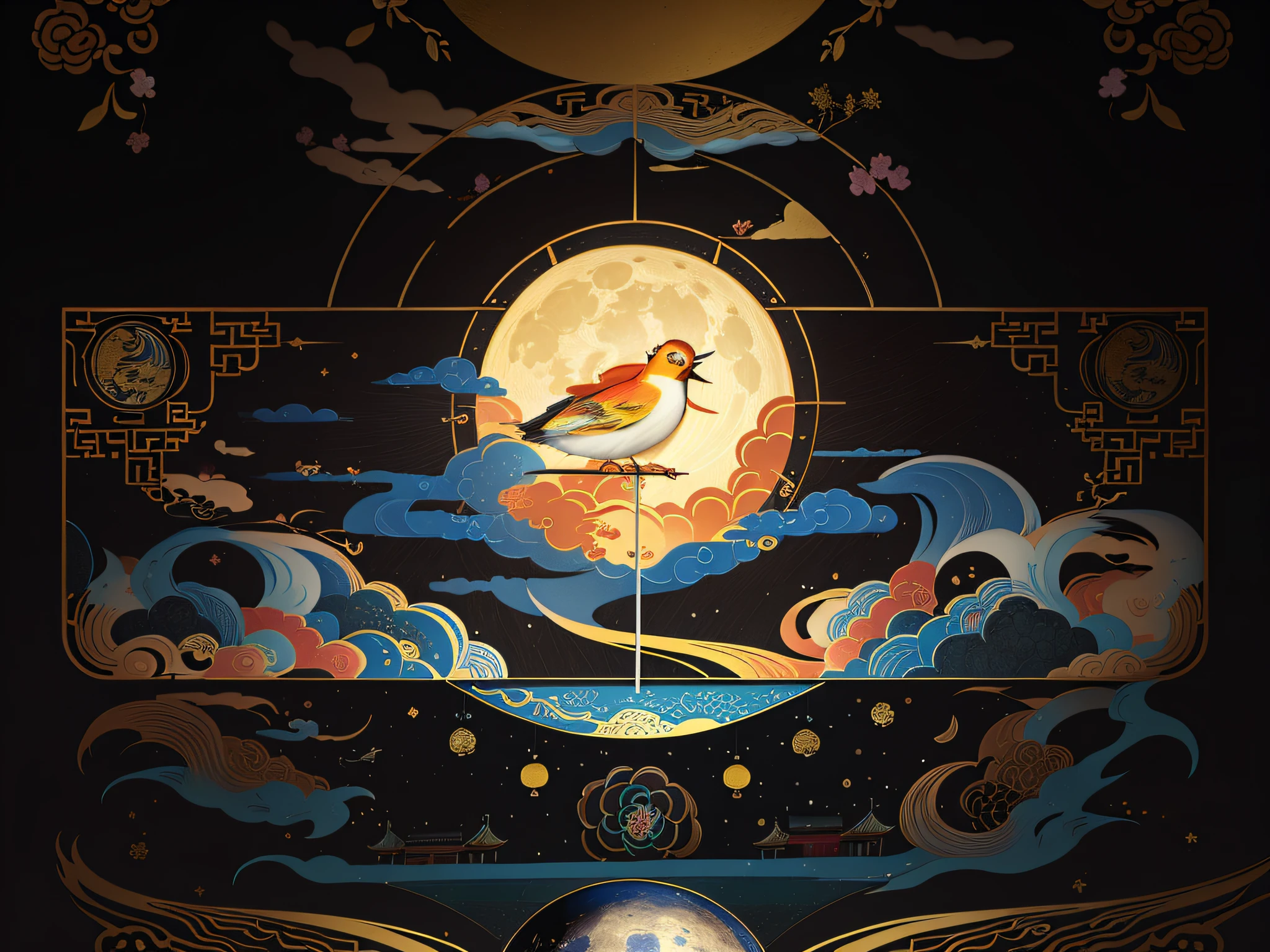 A bird appears on the moon,Moonlight fisheye illustration,Inspired by Luo Mu's beautiful art illustrations,Chinese style painting style,Official artwork inspired by Robin,Onmyoji detailed artistic depiction,The G-willow art style of Linyue,Create an artistic cover for poster background。