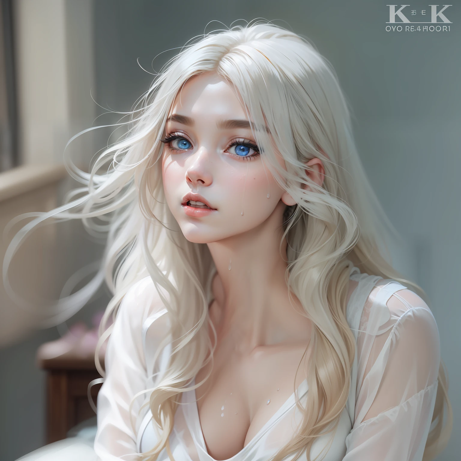 20yo woman, (tmasterpiece: 1.4), (8K, Realiy, RAW photogr, best qualtiy: 1.4), North Korean, (1 rapariga), beauitful face, (Real faces: 1.4), (Caramel hair, long whitr hair: 1.3), Hairstyles, Realistic blue eyes, beatiful detailed eyes, (realskin: 1.3), Beautiful skins, Attractive, 超高分辨率, Ultra photo realsisim, k hd, the golden ratio, (Detailed face: 1.4), wet and sheer tank top,,,,,、 long white hair,Soaked white transparent panties,NSFW,The large,big butt emphasis,The nipple areola is clearly shaped,looks into camera,sit on chair,The shape of the genitals is transparent and transparent,Soaked with sweat,white under lingerie,black lence stockings,Raised