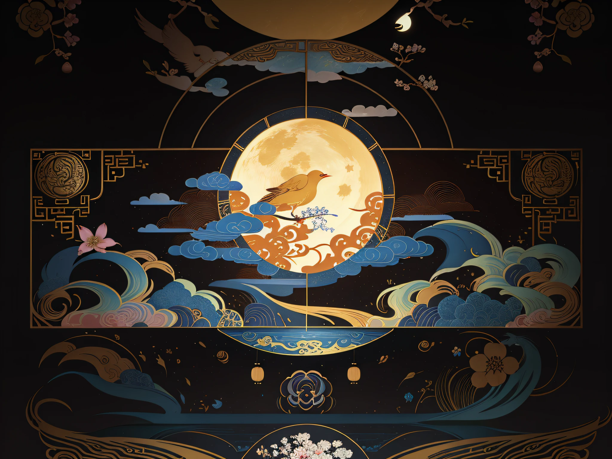 A bird appears on the moon,Moonlight fisheye illustration,Inspired by Luo Mu's beautiful art illustrations,Chinese style painting style,Official artwork inspired by Robin,Onmyoji detailed artistic depiction,The G-willow art style of Linyue,Create an artistic cover for poster background。