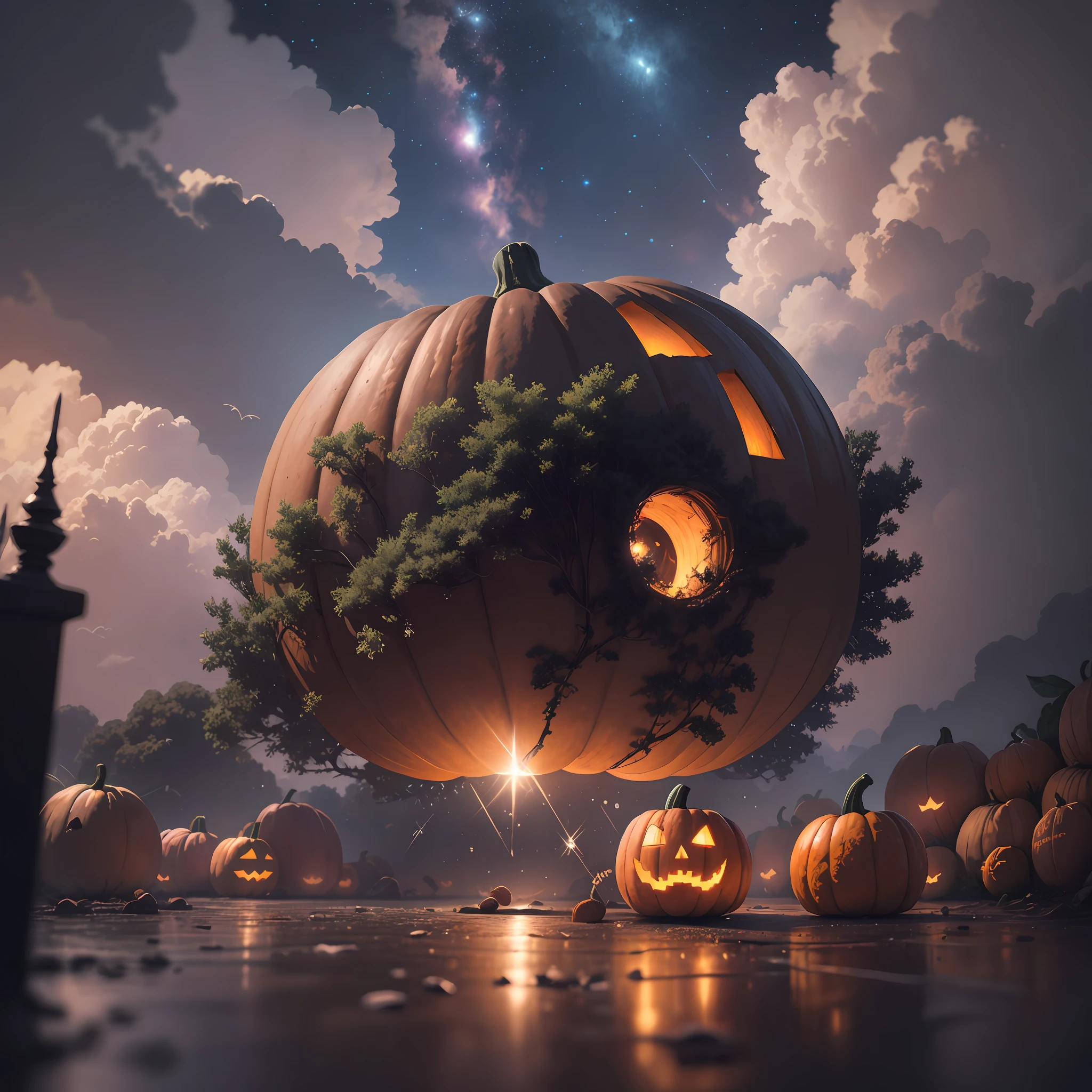 neo-classical, conceptual art, Ray tracing, Sparkle, Ultra-wide angle, kanon, f/4.0, hyper HD, 巨作, Best quality, A high resolution, Award-Awarded, 16k,Alchemy,steampunc,pumpkins,the bats,Flying broom,dreamy sky,
