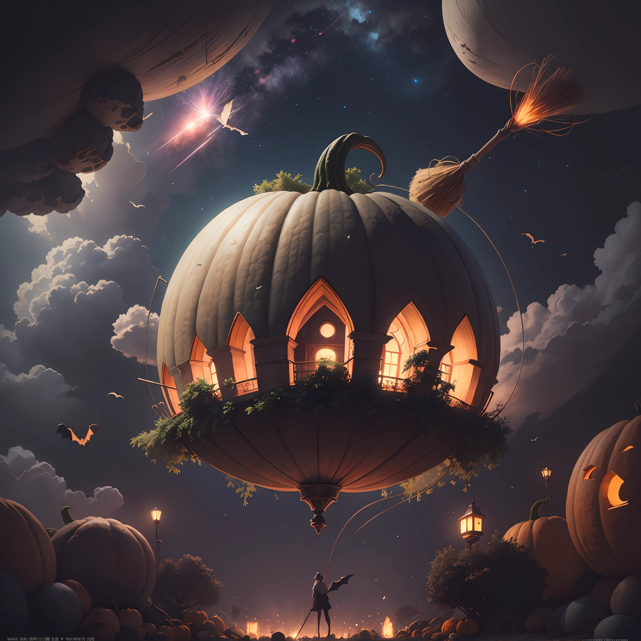 neo-classical, conceptual art, Ray tracing, Sparkle, Ultra-wide angle, kanon, f/4.0, hyper HD, 巨作, Best quality, A high resolution, Award-Awarded, 16k,Alchemy,steampunc,pumpkins,the bats,Flying broom,dreamy sky,