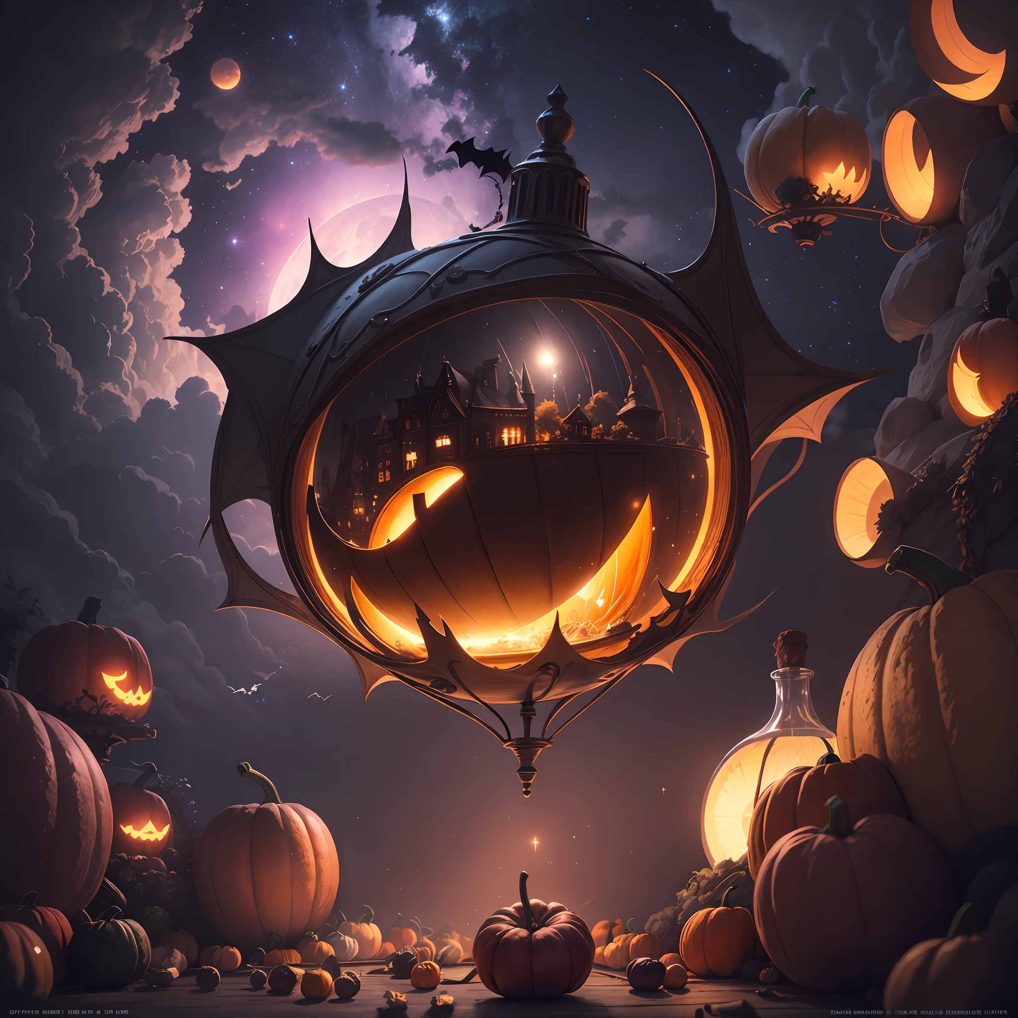 neo-classical, conceptual art, Ray tracing, Sparkle, Ultra-wide angle, kanon, f/4.0, hyper HD, 巨作, Best quality, A high resolution, Award-Awarded, 16k,Alchemy,steampunc,pumpkins,the bats,Flying broom,dreamy sky,