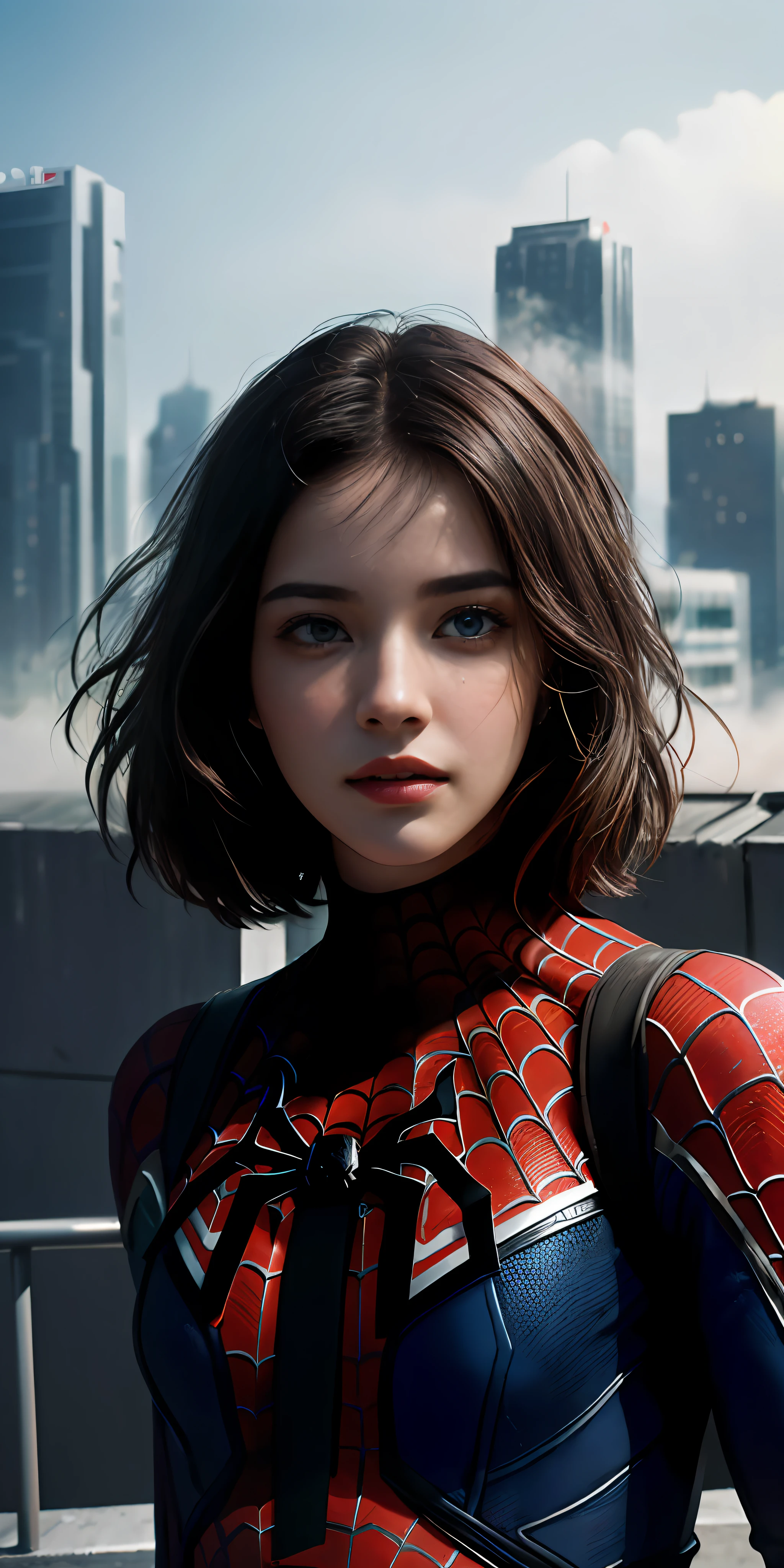 (1girl:1.3), Solo, (((Very detailed face)))), ((Very detailed eyes and face)))), Beautiful detail eyes, Body parts__, Official art, Unified 8k wallpaper, Super detailed, beautiful and beautiful, beautiful, masterpiece, best quality, original, masterpiece, super fine photo, best quality, super high resolution, realistic realism, sunlight, full body portrait, amazing beauty, dynamic pose, delicate face, vibrant eyes, (from the front), She wears Spider-Man suit, red and black color scheme, spider, very detailed city roof background, rooftop, overlooking the city, detailed face, detailed complex busy background, messy, gorgeous, milky white, highly detailed skin, realistic skin details, visible pores, clear focus, volumetric fog, 8k uhd, DSLR, high quality, film grain, fair skin, photo realism, lomography, futuristic dystopian megalopolis, translucent