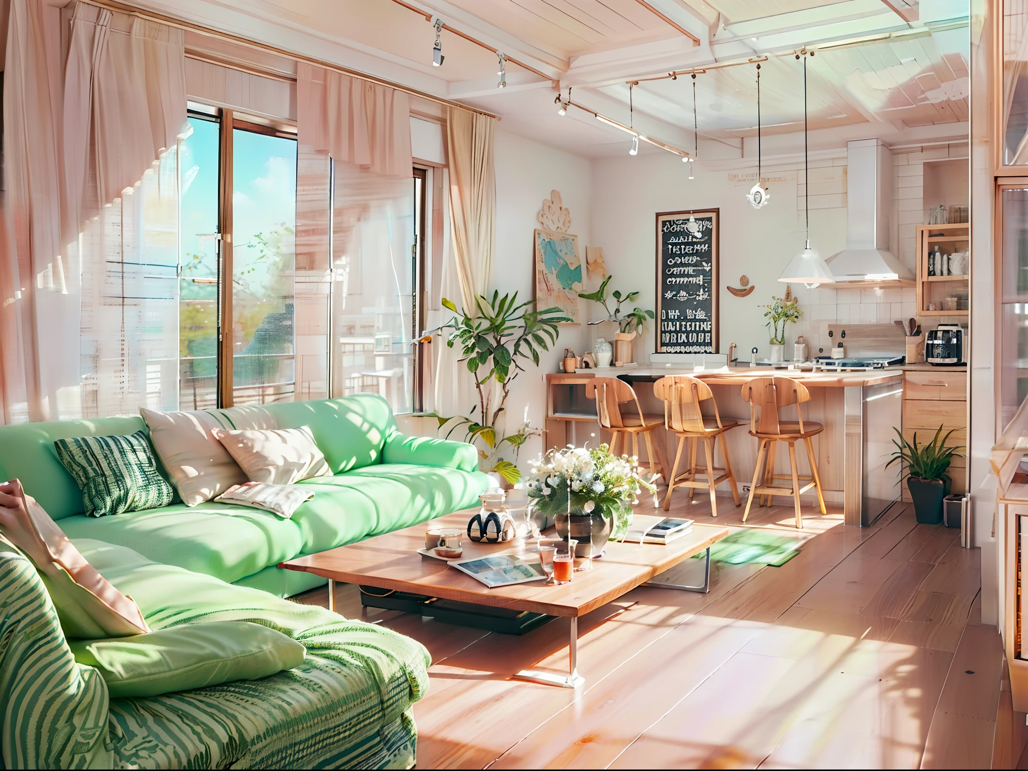 a sketch of a beautiful modern living room, (((foster and partners, artists impression, artistic impression, by Hamish MacDonald, by Carey Morris, by David Brewster, higher detailed illustration, by Helen Berman, an illustration, detailed illustration, by Nick Fudge, by Warren Mahy, artist's impression))), a kitchen cabinet behind the white sofa, with minimal pictures on the wall, linen curtain next to the classroom window, coffee table, modern wood, ceiling with magnetic emissive lighting, white fabric PRB textures, wooden floor PRB texture,