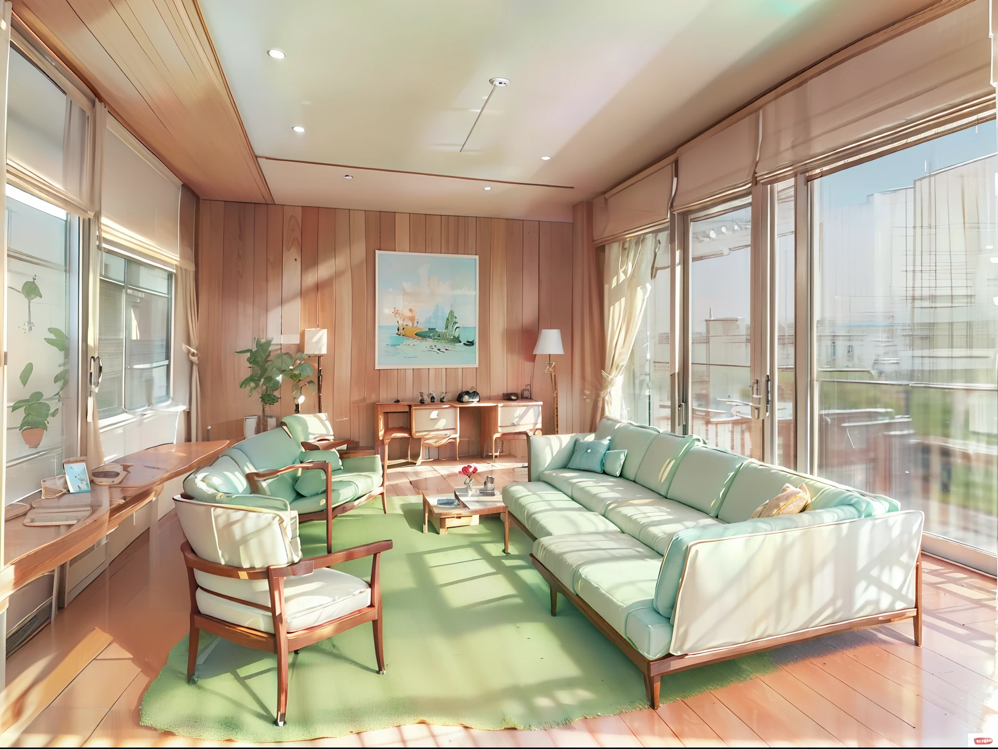 a sketch of a beautiful modern living room, (((foster and partners, artists impression, artistic impression, by Hamish MacDonald, by Carey Morris, by David Brewster, higher detailed illustration, by Helen Berman, an illustration, detailed illustration, by Nick Fudge, by Warren Mahy, artist's impression))), a kitchen cabinet behind the white sofa, with minimal pictures on the wall, linen curtain next to the classroom window, coffee table, modern wood, ceiling with magnetic emissive lighting, white fabric PRB textures, wooden floor PRB texture,