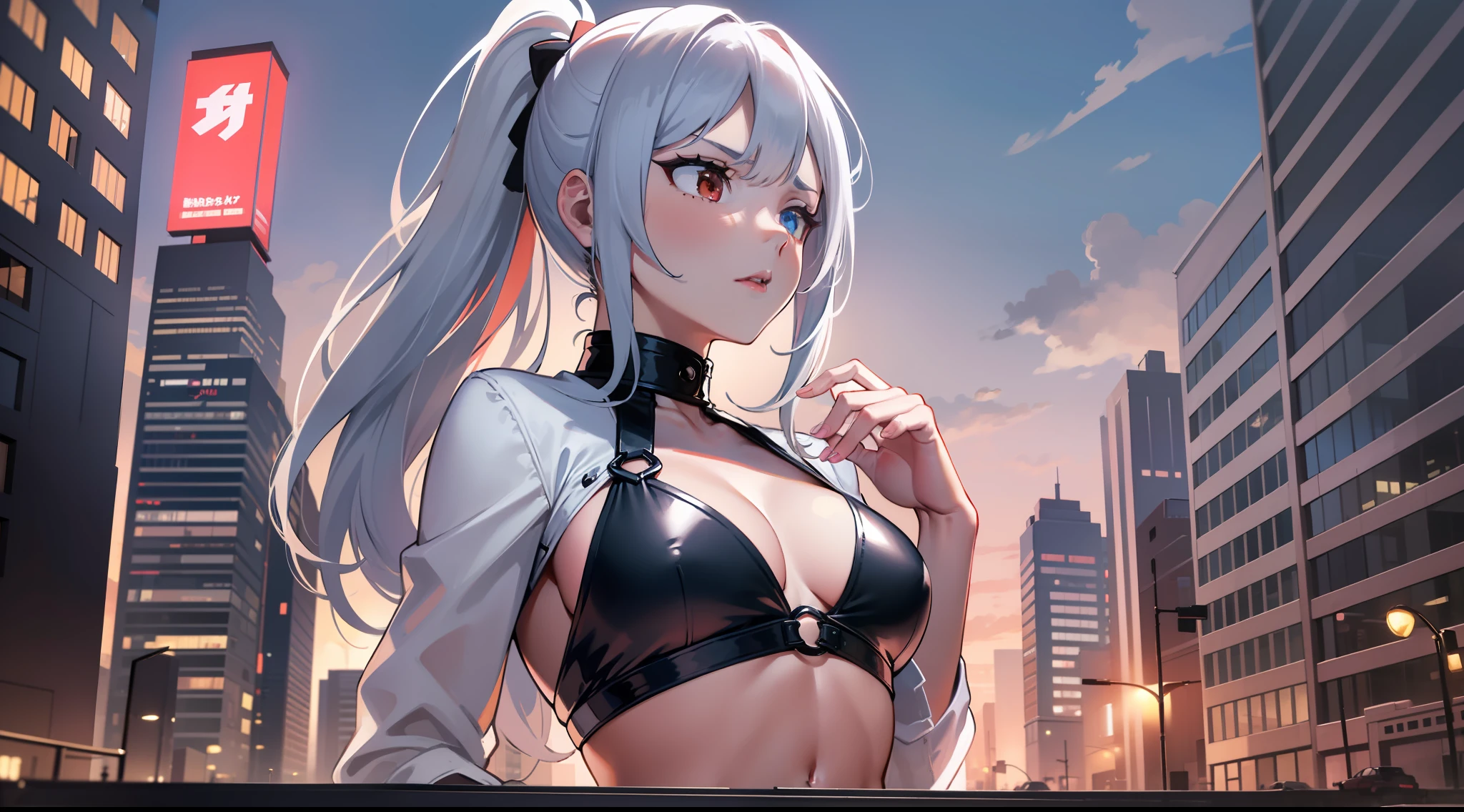 (burning city in the background:1.2), Blurry background, looking forward full body, Silver hair, Long ponytail, white jacket open, Black Bikini, visible abdomen, Photo from the waist up, Volumetric lighting, White jacket, red katana on the back, multicolored eyes, (blue and red heterochromia1.4), Detailed eyes, Hyper Detailed, Serious face, slightly irritated, Highly detailed, Beautiful, detaile, ultra-detailliert, Best Quality, Convoluted, Hyper-Realism, sharp, Digital Illustration, Detailed, Realism, Convoluted, 4K, 8K, trends in the arts station, Good anatomy, Beautiful lighting, Award-winning, Photorealistic, Realistic Shadows, Realistic lighting, Beautiful lighting, Ray traching, Intricate details, grumpy, thirds rule, masutepiece, (Illustration: 1.1), High resolution, (extremely details CG, unit, Wallpaper 8K: 1.1), Beautiful face, Highly detailed face, A hyper-realistic, masutepiece, Bokeh, Extremely detailed, Convoluted, lower abdom, Small breasts, Thin, Colorful, Vibrant colors, Front view, Small breasts, lower abdom
