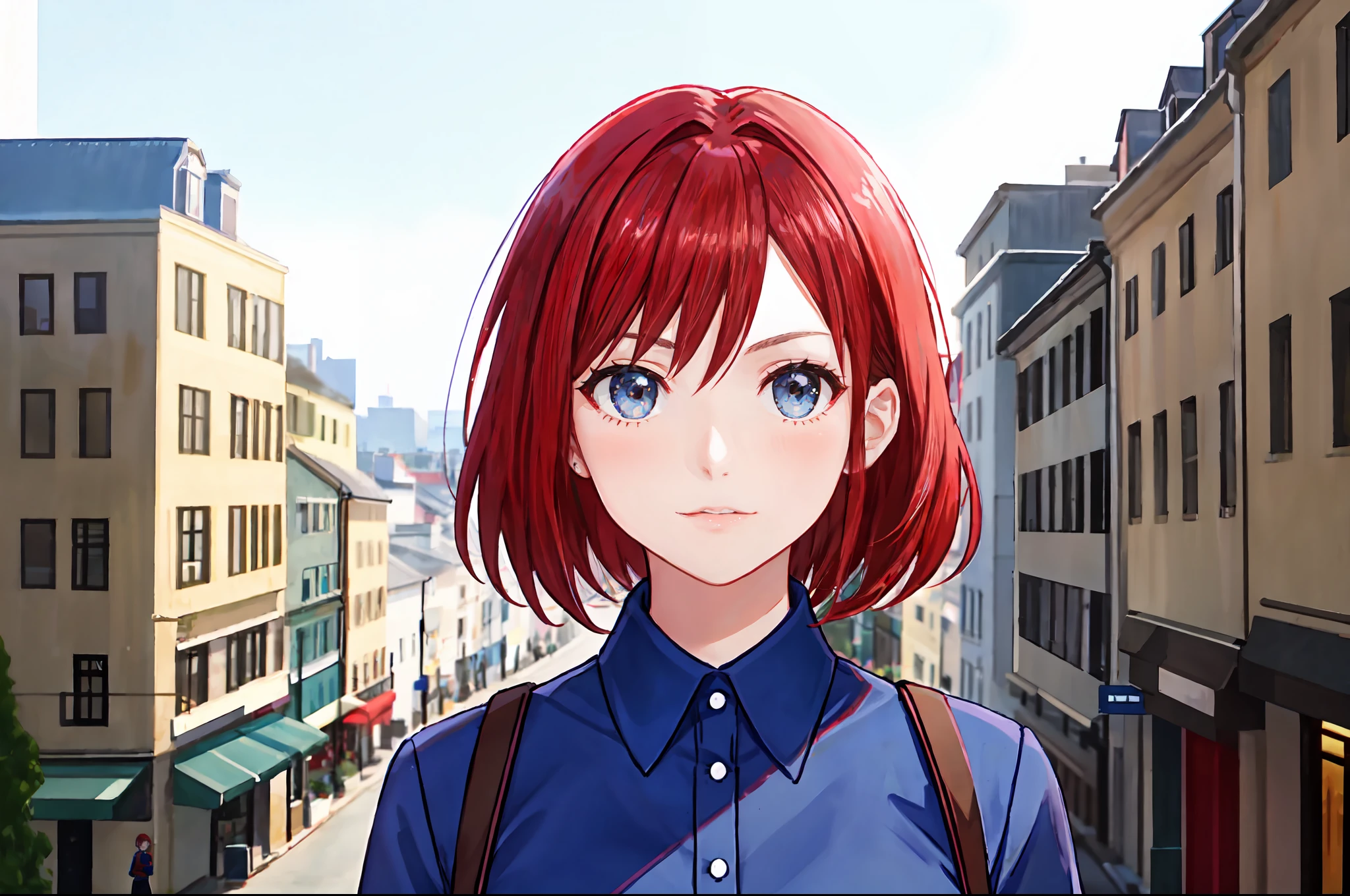 there is a young woman with a short hair and a blue shirt, gray eyes, a redheaded young woman, perfectly centered portrait, 7 0 mm portrait, red haired young woman, 4 k asymmetrical portrait, head centered portrait, landscape