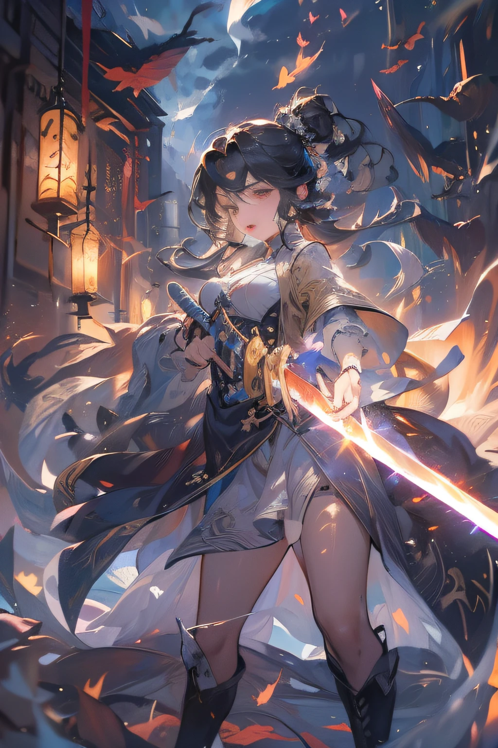 masterpiece,best quality,high resolution,1girl,sword,glowing,lantern,fighting,