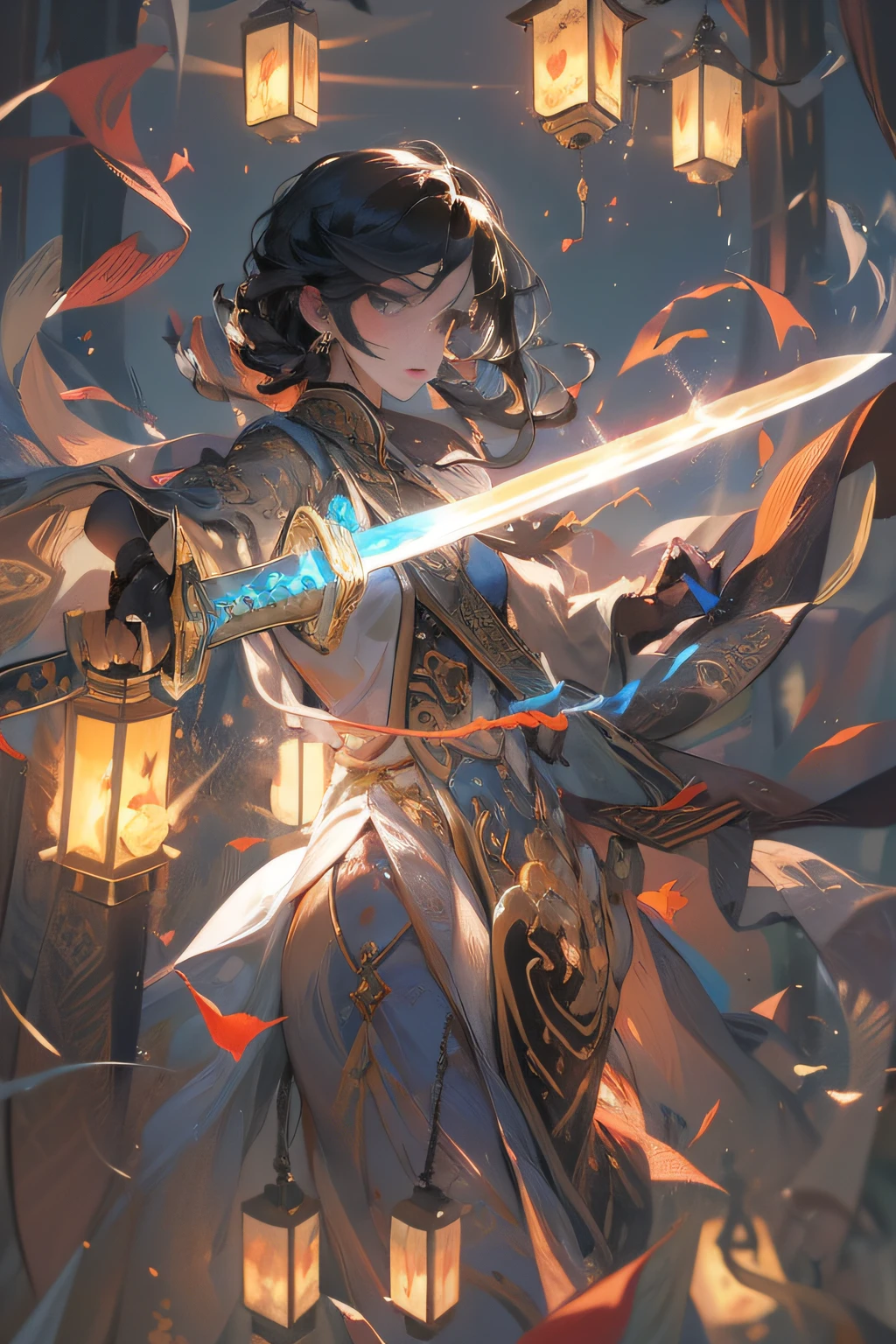 Masterpiece,Best quality,high resolution,1girll,sword,Glowing,lantern,Fighting,