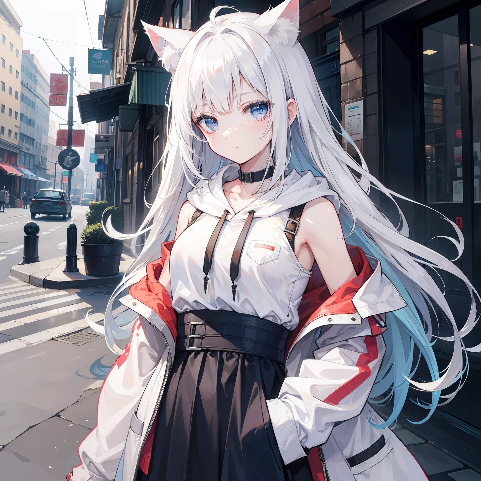 1girll, breasts in,stitched face, patchwork skin, Closed mouth, Long_Hair, face expressionless,City,street, White hair, ,stitched_face,Patchwork_skin,Cowboy shot,( Hoodie),(Hand in pocket),Open white coat,inside, She wears short black sleeves,There is a love pattern on it,cat ear,In the daytime,Tall figure