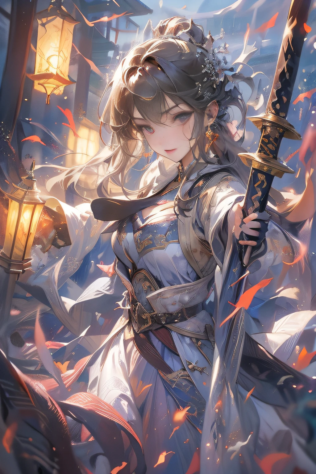 Masterpiece,Best quality,high resolution,1girll,sword,Glowing,lantern,Fighting,