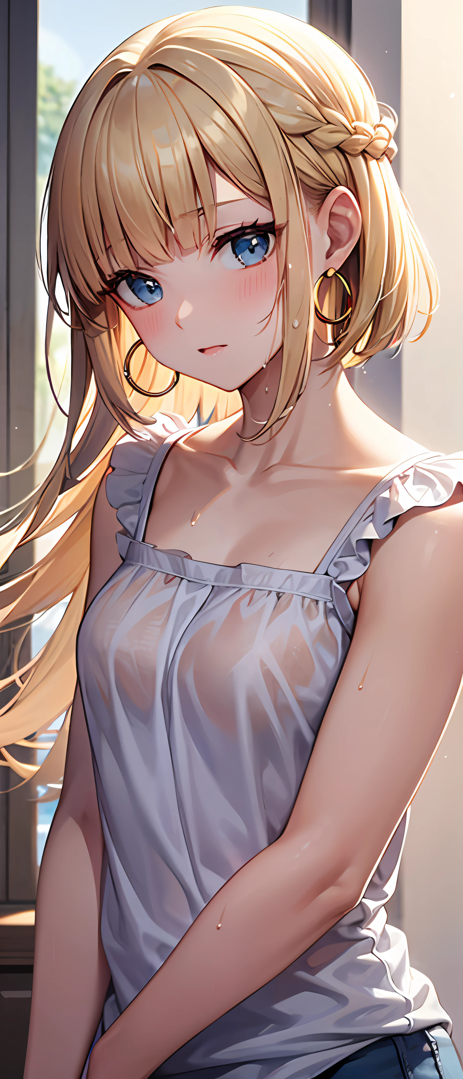 best quality,masterpiece,shiny blonde,blue eyes,white clothes, look down on, upper body,hair strand,Fair skin,short bob,wet through,french braid,blushing and red,blunt bangs,hoop earrings,gladient hair,left sideburn is longer than right one