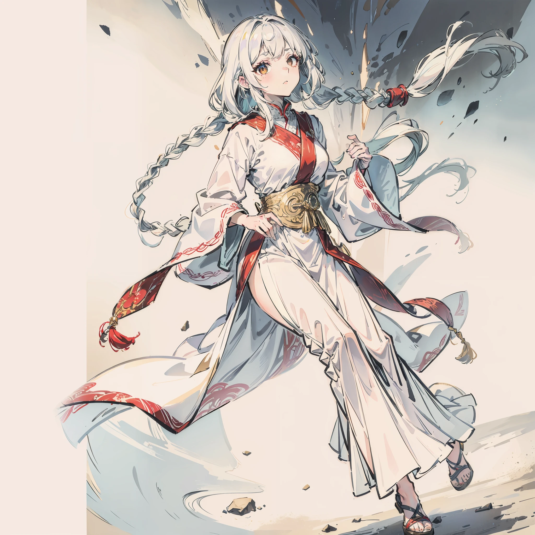 top-quality、masterpiece、white hair、Gold Eye、white clothes、full body Esbian、Hair strands、light skinned、Side braid