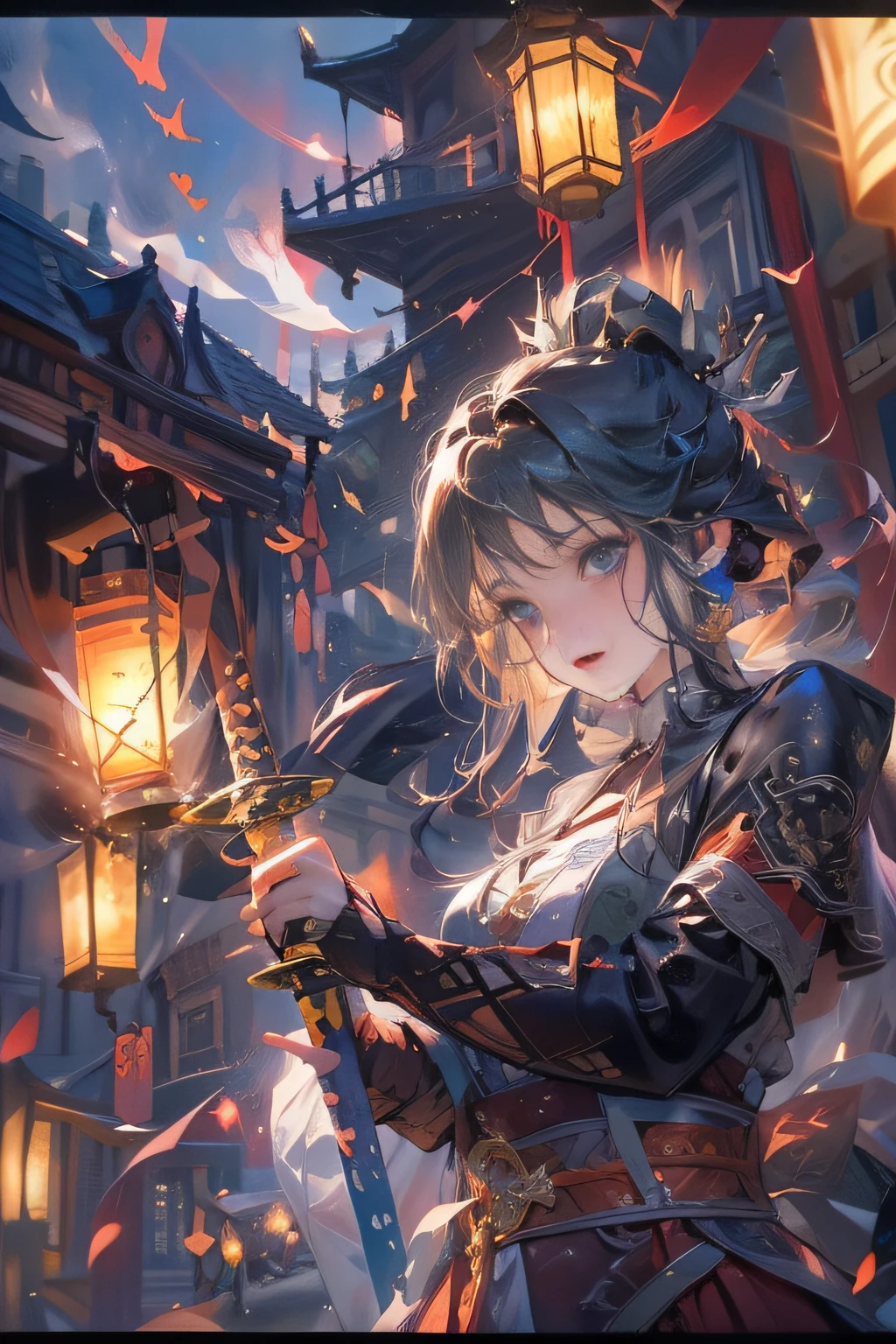 Masterpiece,Best quality,high resolution,1girll,sword,Glowing,lantern,Fighting,