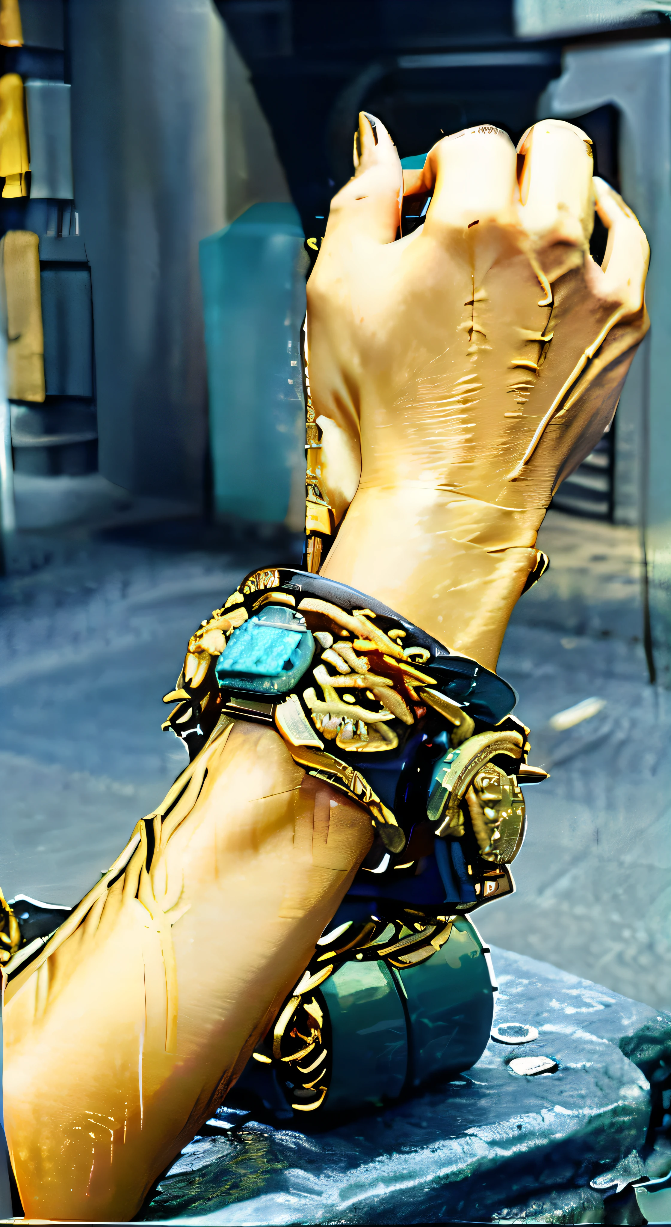 There is a statue of a man holding a mobile phone, Ultra detail. Digital painting, cybernetic limb, author:Alexander Kosis, gloves and jewelry. Exercise, closeup of arms, turquoise gold details, Wearing metal gloves, golden turquoise steampunk, in style of digital painting, Cyberpunk Style , Hyperrealistic, Broken gold shackles, digital painted