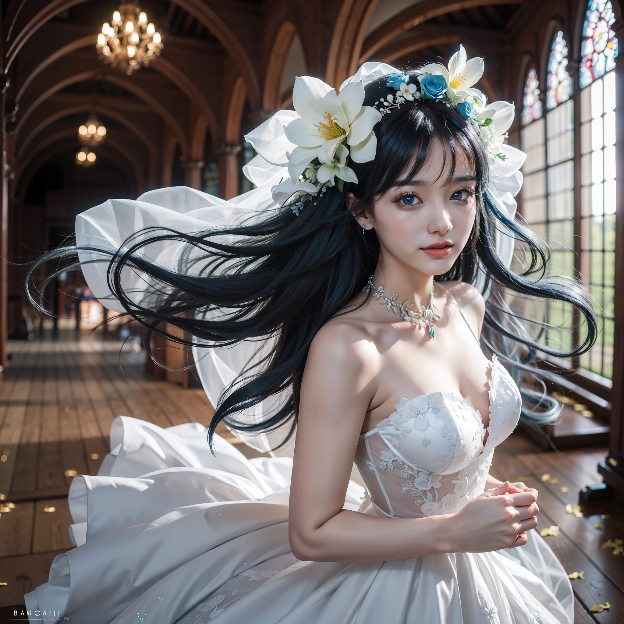 ((high quality)), ((masterpiece)), 8k, 1 girl, extremely detailed CG unity 8k wallpaper, blue hair, long flowing hair, wind, blue eyes, gentle smile, happy, wearing white wedding dress, mythical style wedding dress, blue high heels, wedding flowers, wedding fairy, myth, flying flowers, shimmering altars, lights, churches, mythical creatures, seabed design halls, sea creatures swimming in the air, party guests, beautiful eyes, nameless happiness, fine detailed eyes, detailed face, fine quality eyes, realistic lighting, backlight, face lights, ray tracking, blue hair, standing on the aisle, beautiful bride, Korean girl, Big and gorgeous wedding dress, looks like a princess