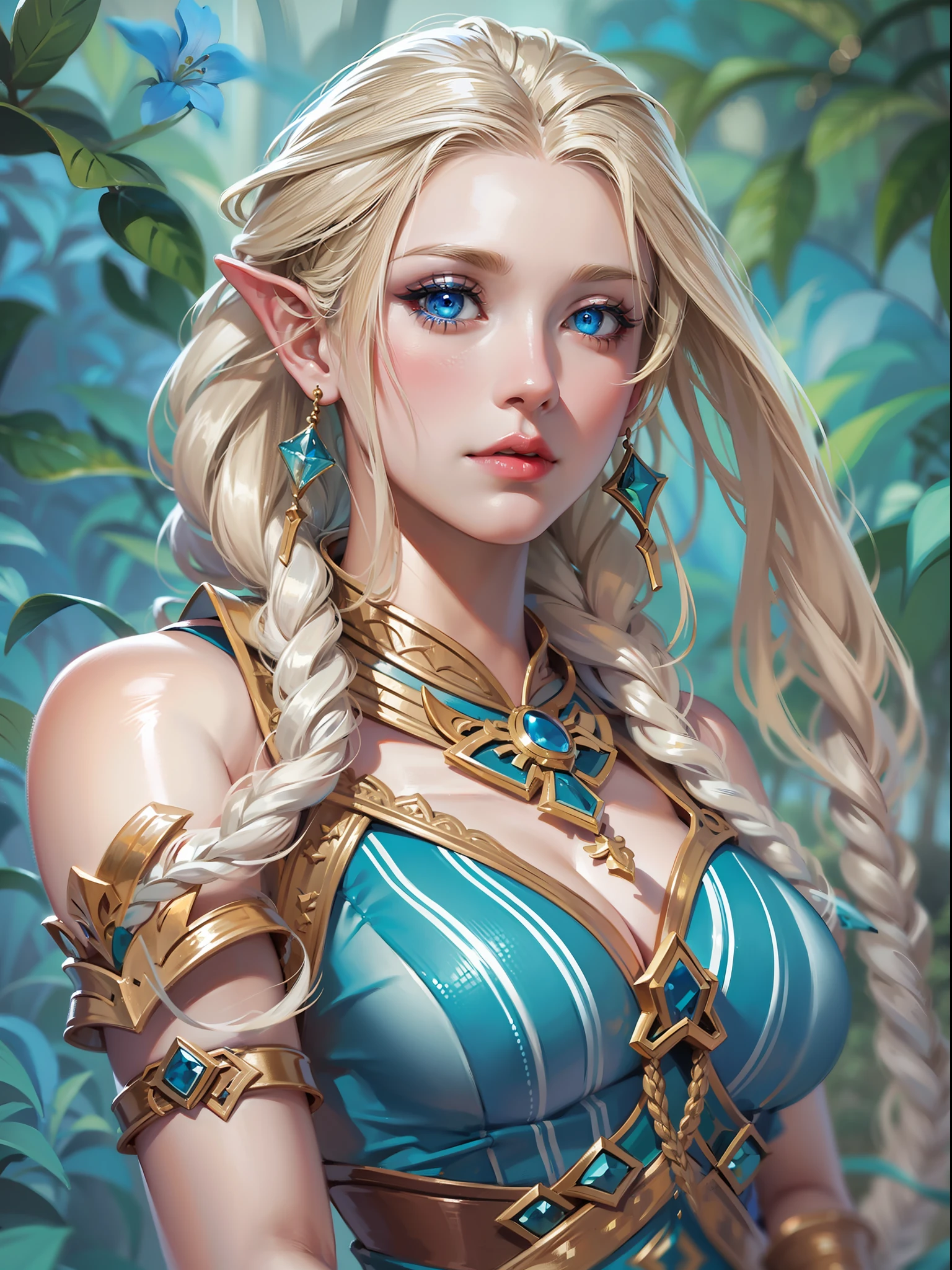 High quality art, Eladrin from dnd in her spring form, long blonde braidlem hair with blue stripes, white skin with small blue tattoes, beautiful blue eyes,